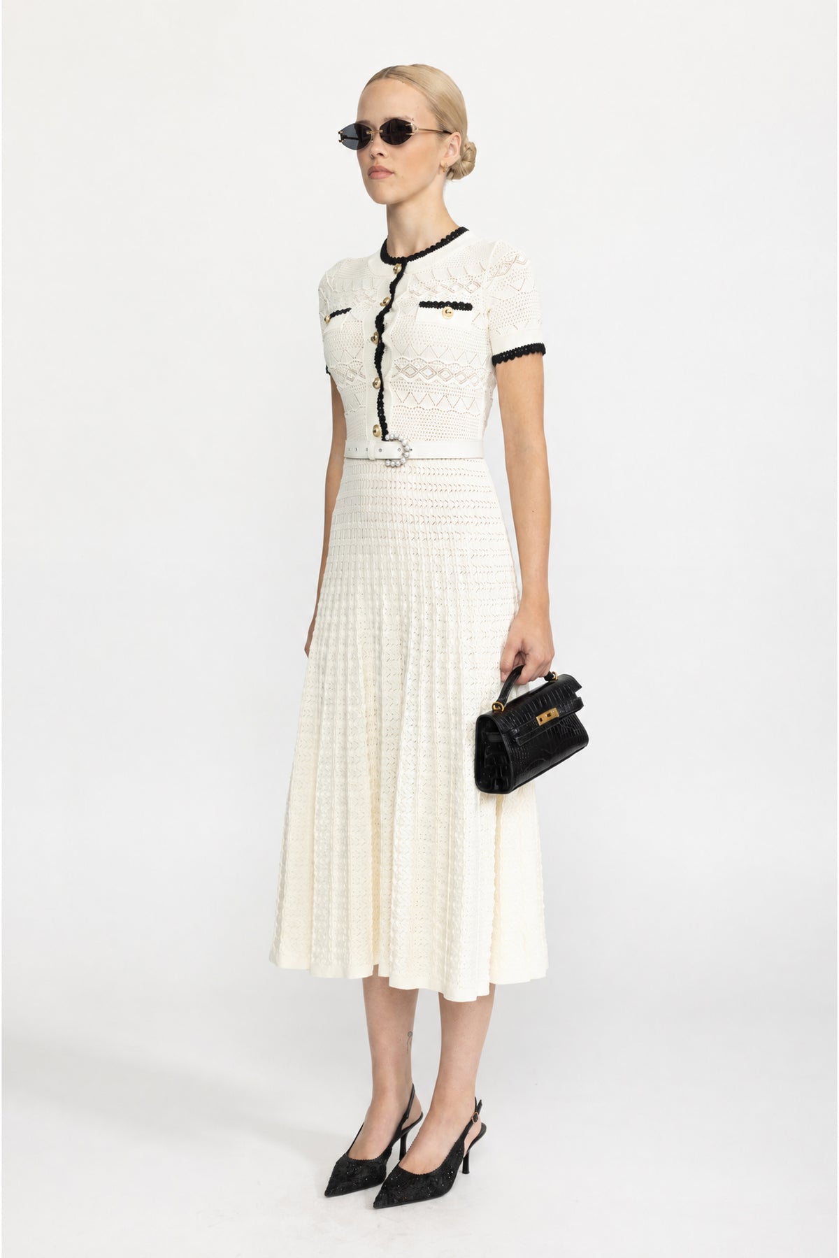 Pointelle Knit Belted Midi Dress - Ivoire