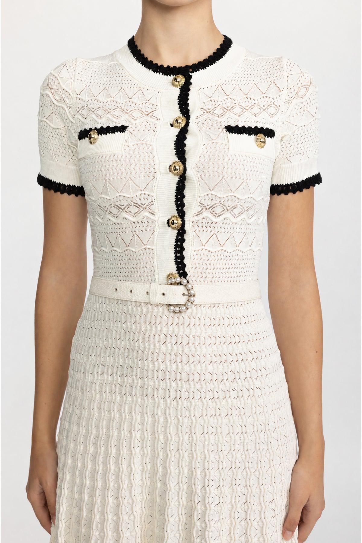 Pointelle Knit Belted Midi Dress - Ivoire
