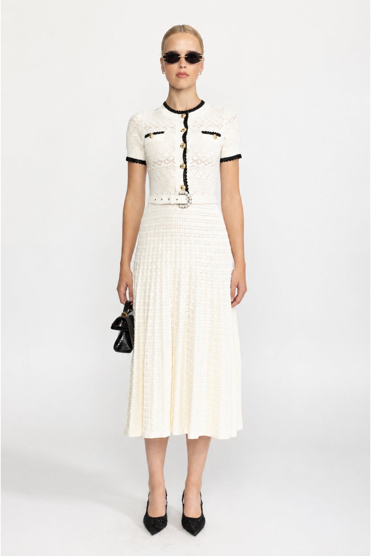 Pointelle Knit Belted Midi Dress - Ivoire