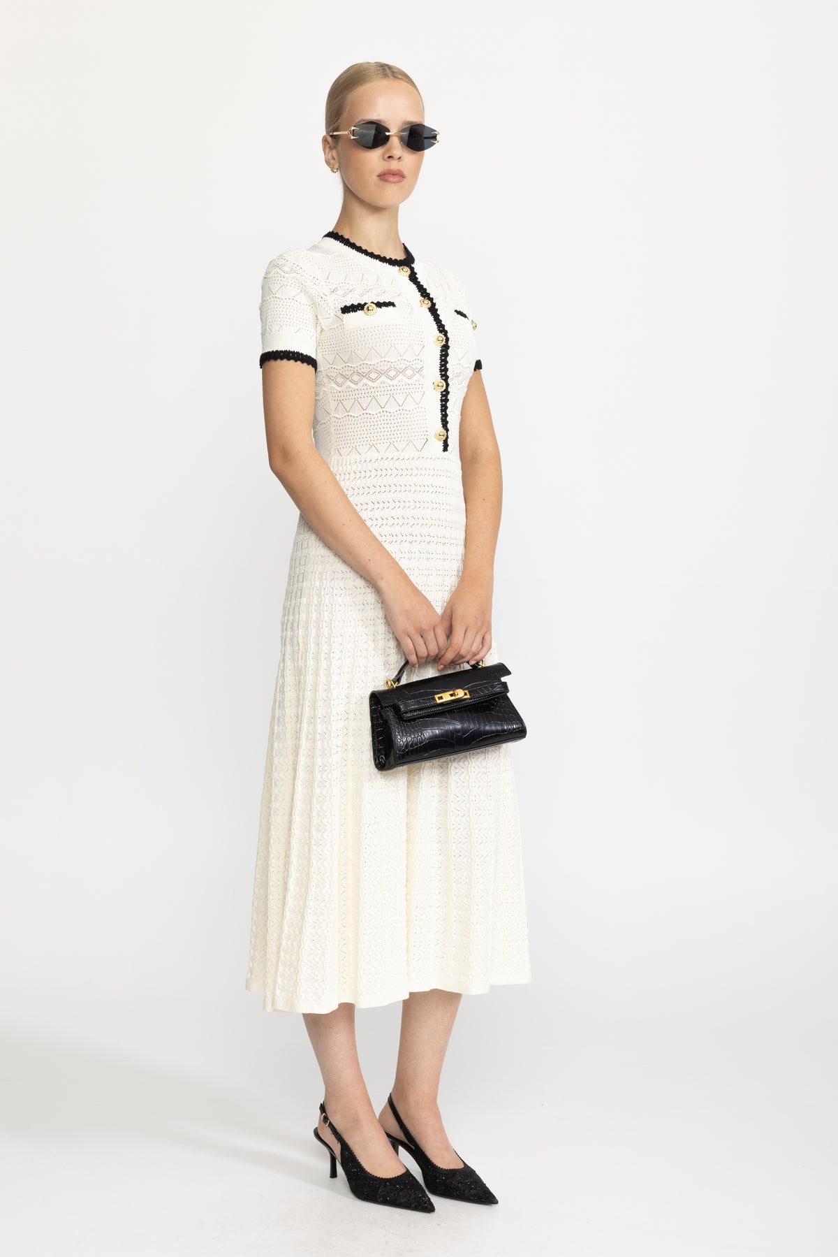 Pointelle Knit Belted Midi Dress - Ivoire