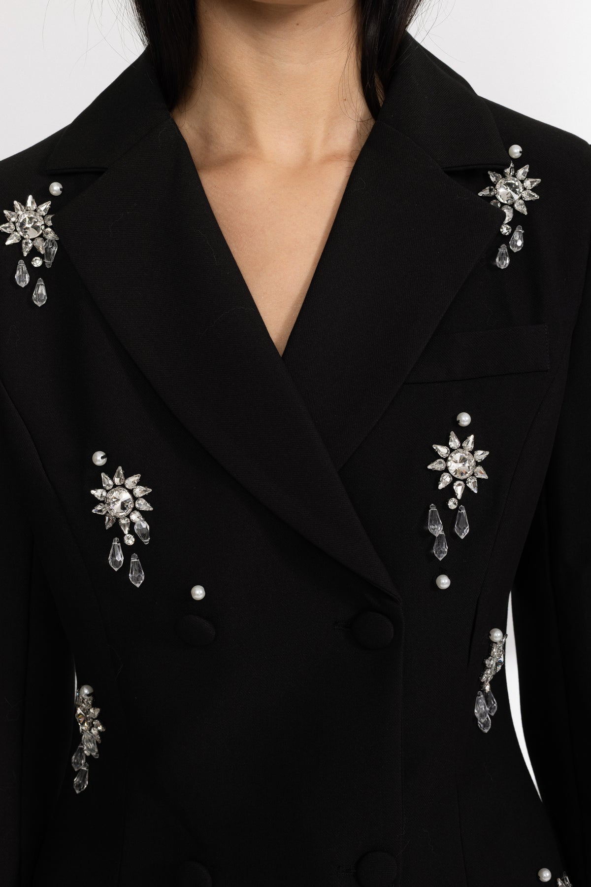 Crystal Brooch Embellished Double-Breasted Blazer - Black
