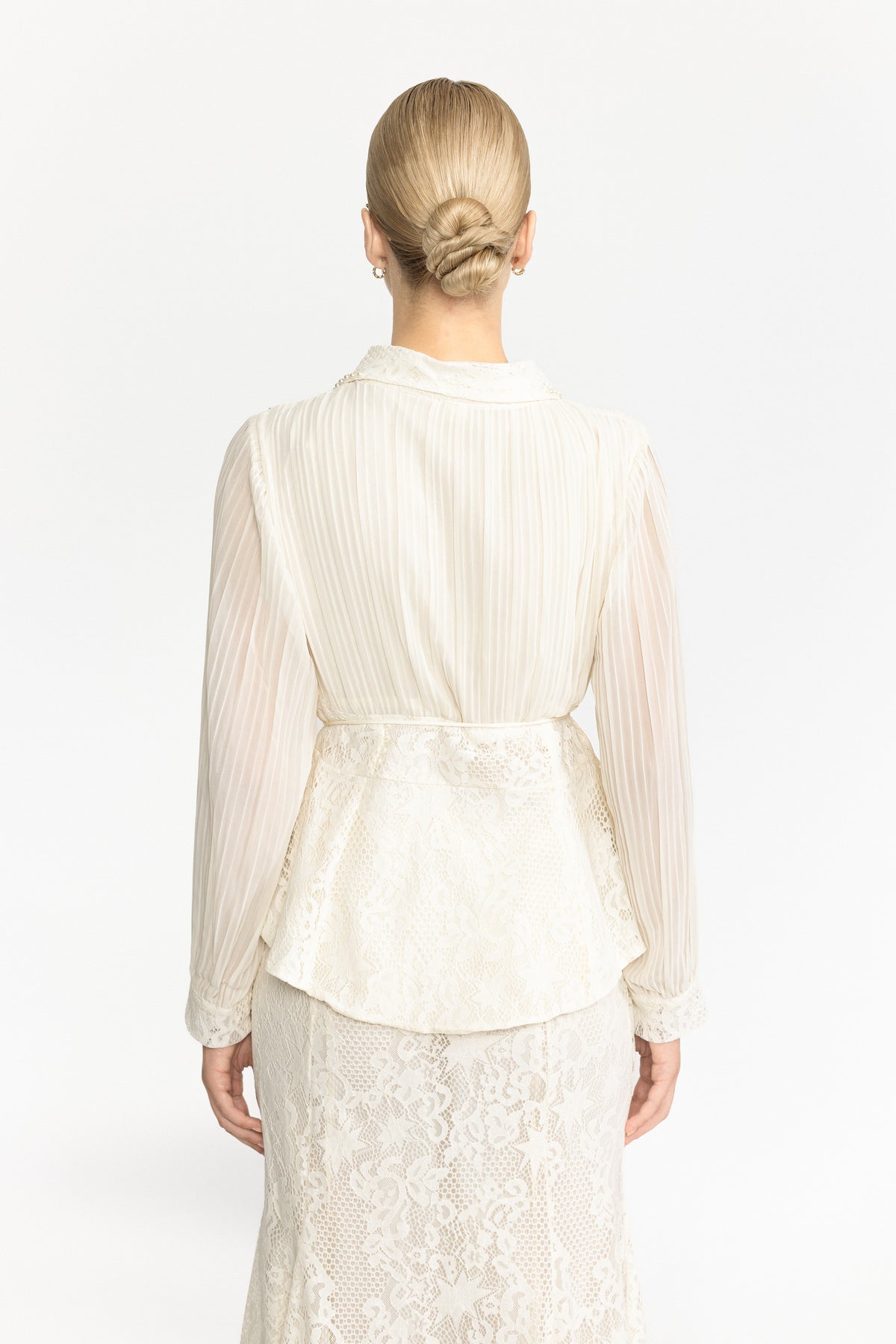 Pleated Chiffon Lace Peplum Blouse and Maxi Skirt Set - Ivoire