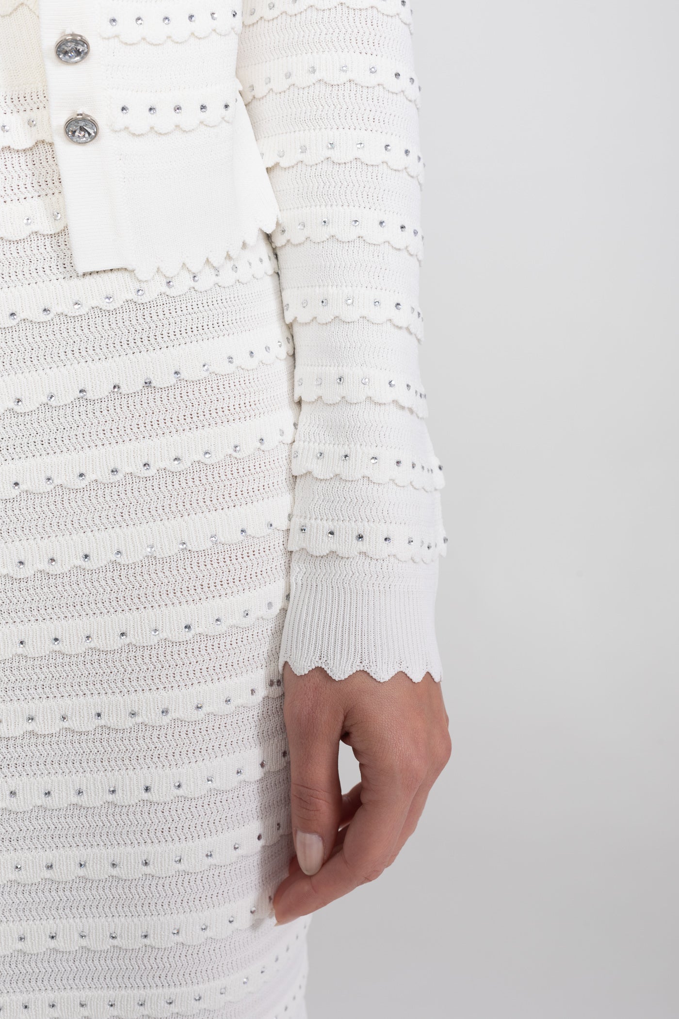 Textured Knit 3 Piece Set With Blazer, Top and Midi Skirt - White