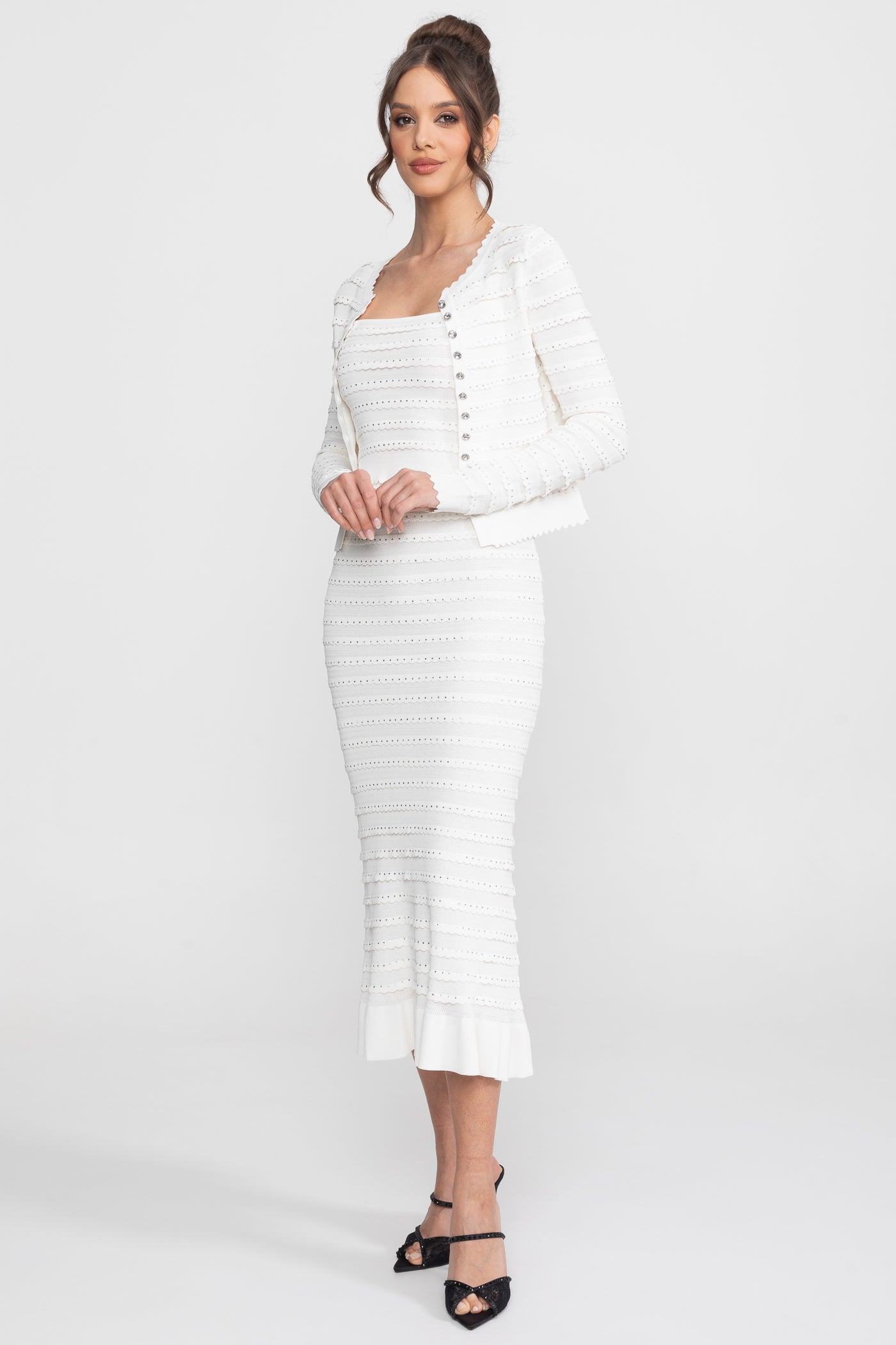 Textured Knit 3 Piece Set With Blazer, Top and Midi Skirt - White