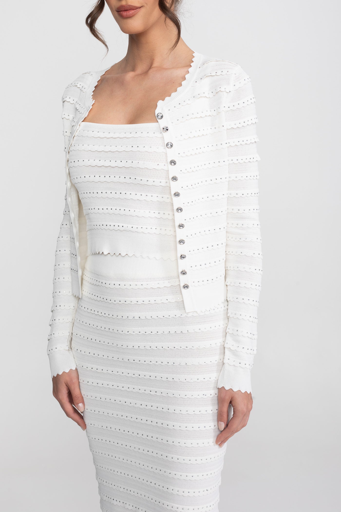 Textured Knit 3 Piece Set With Blazer, Top and Midi Skirt - White