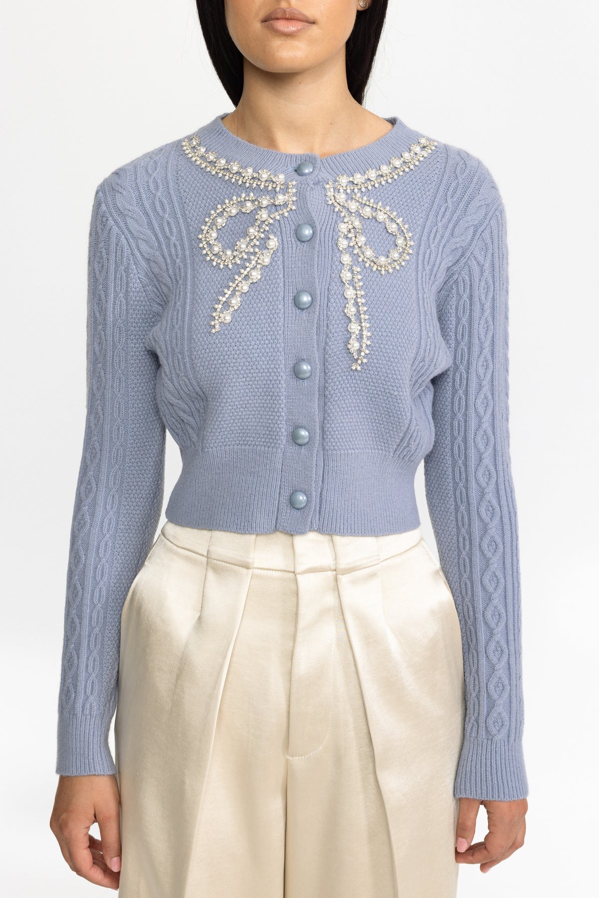 Cable-Strick-Cardigan mit Perlen und Schleife - Blau