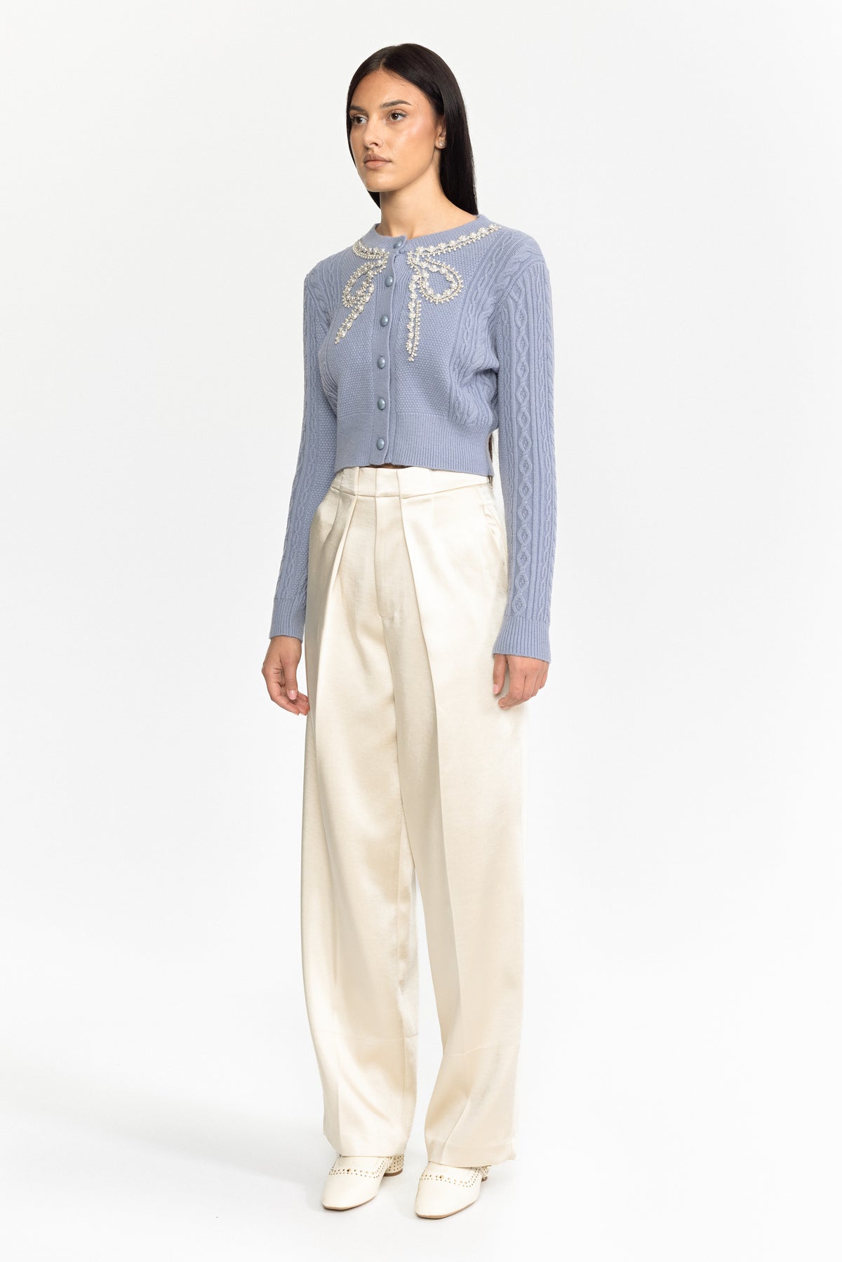 Cable-Strick-Cardigan mit Perlen und Schleife - Blau