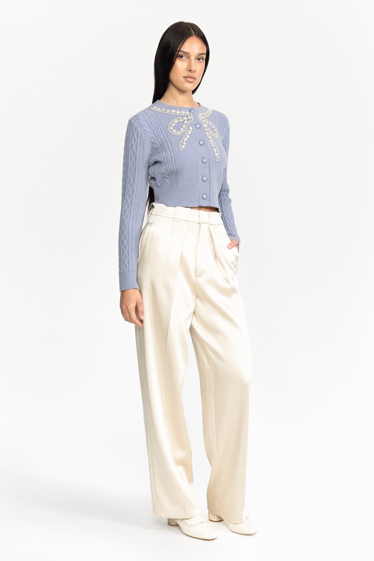 Cable-Strick-Cardigan mit Perlen und Schleife - Blau