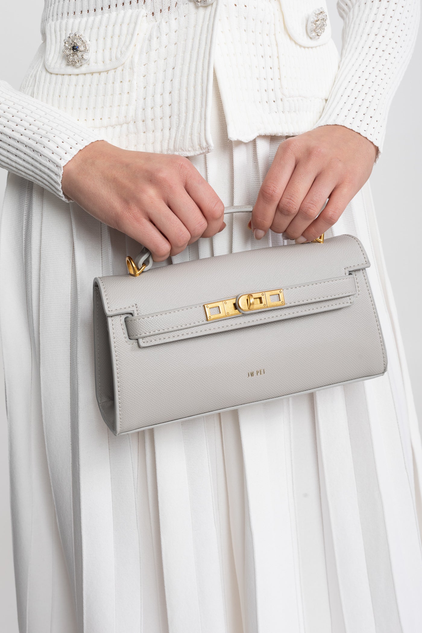 Structured Kelly-Style Mini Bag With Gold-Tone Hardware - Light Gray
