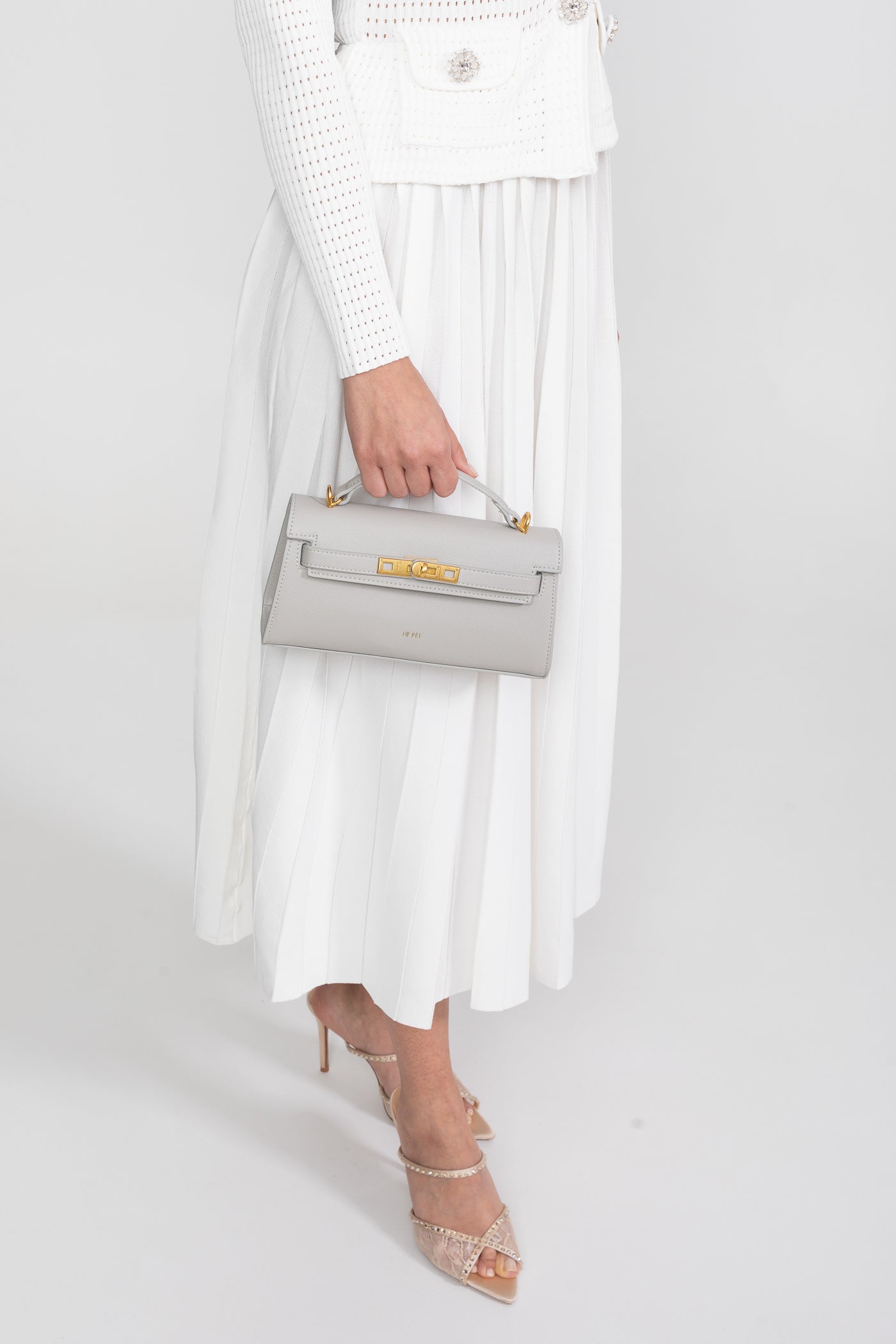 Structured Kelly-Style Mini Bag With Gold-Tone Hardware - Light Gray