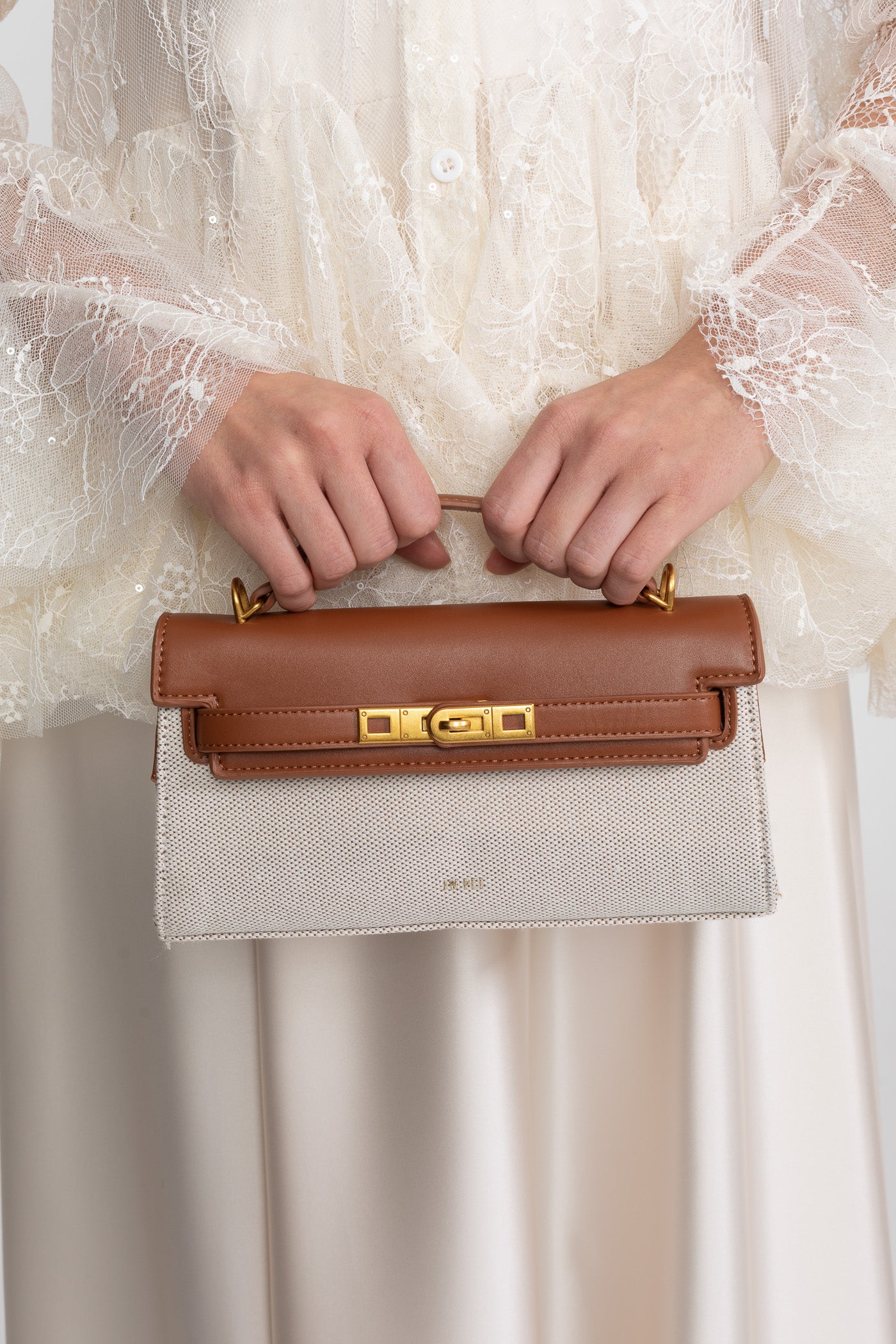 Structured Kelly-Style Mini Bag With Gold-Tone Hardware - Brown/Gray