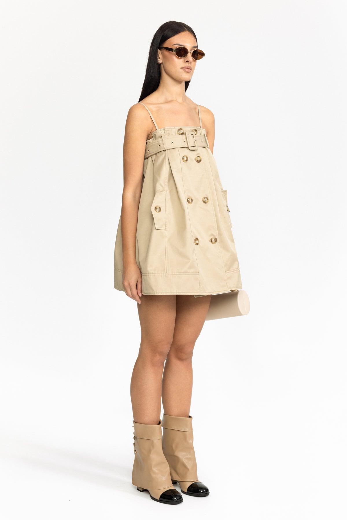 Babydoll-Minikleid im Trenchstil mit Gürtel – Khaki