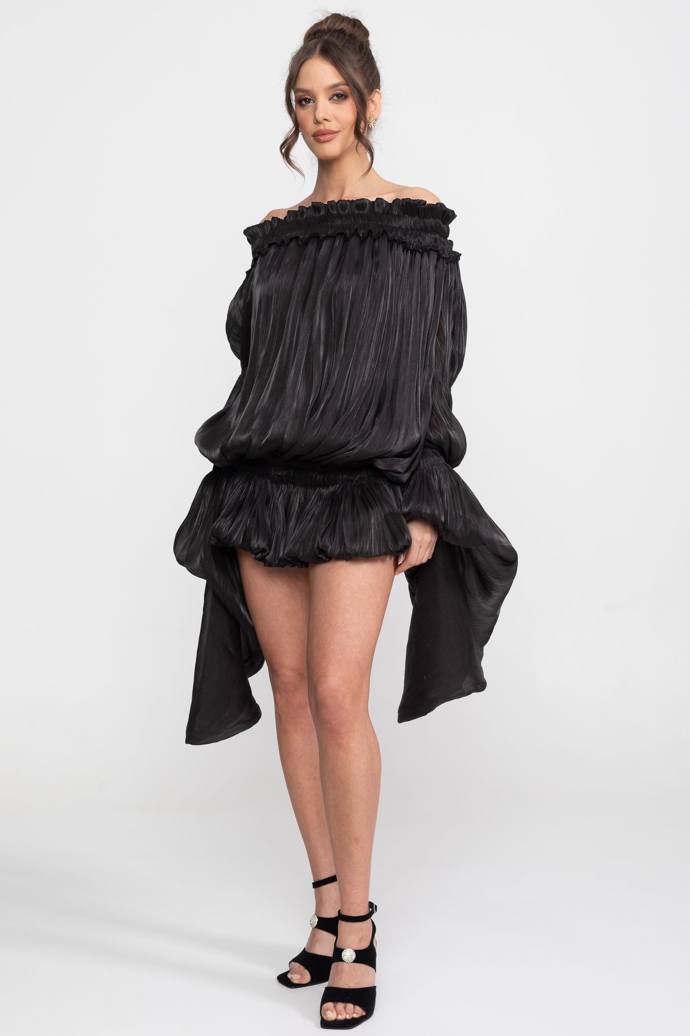 Off-Shoulder Ruffle Mini Dress With Draped Sleeves - Black