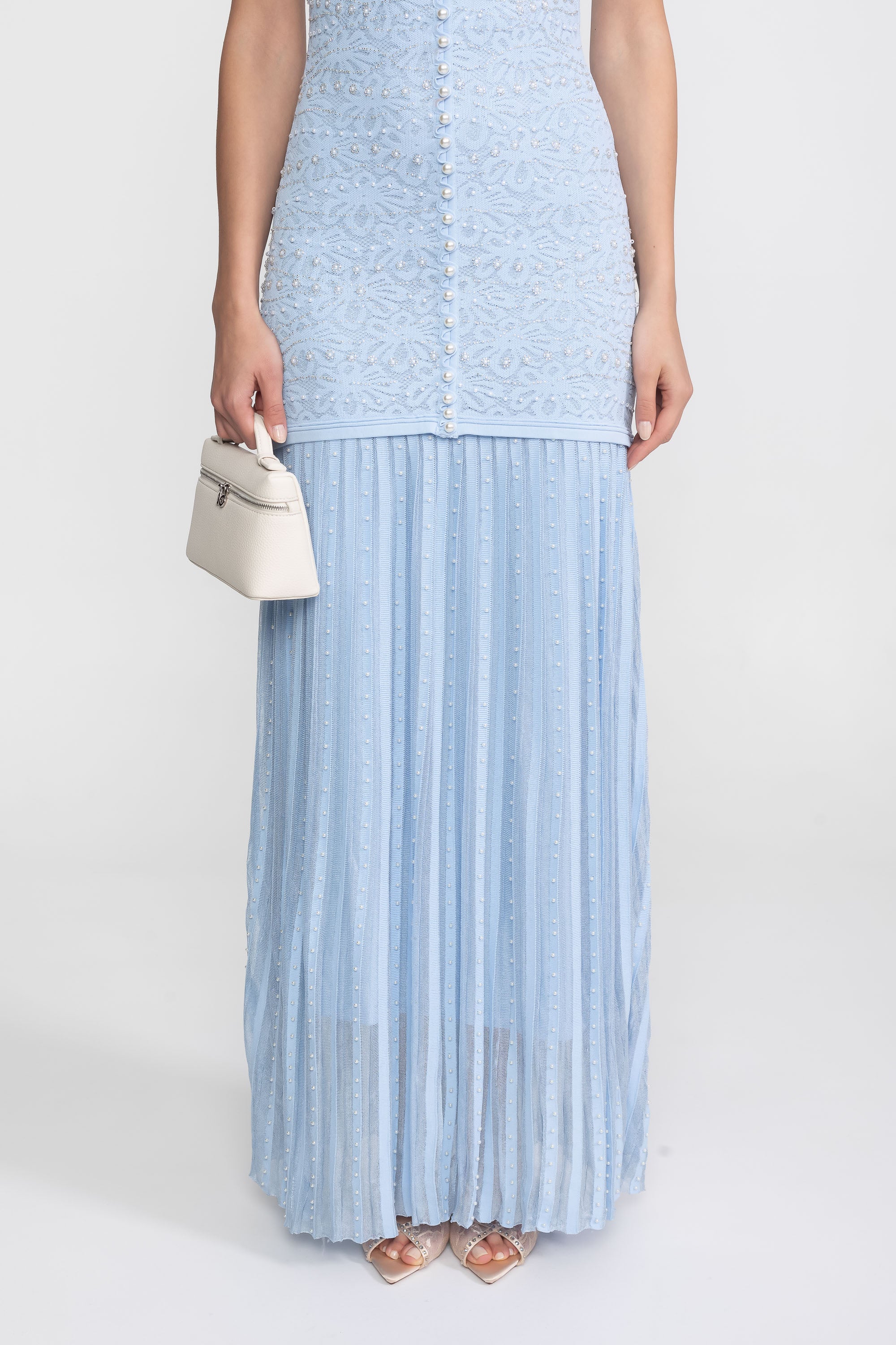 Midi-Kleid mit kurzen Ärmeln und Perlenverzierung - Powder Blue