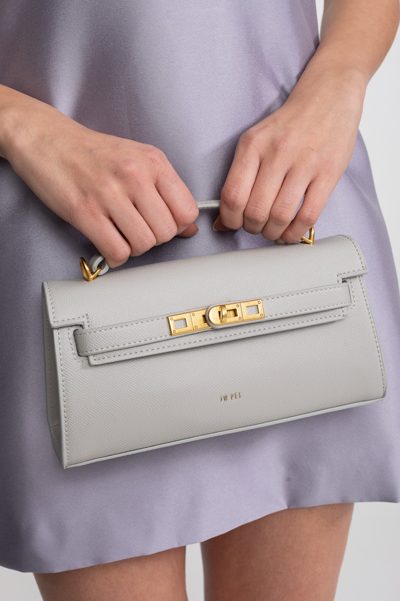 Structured Kelly-Style Mini Bag With Gold-Tone Hardware - Light Gray