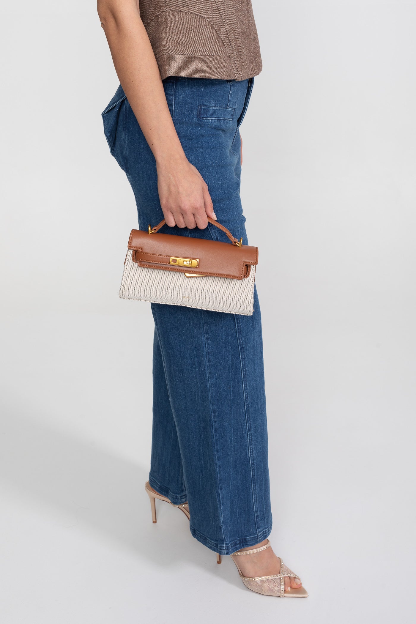 Structured Kelly-Style Mini Bag With Gold-Tone Hardware - Brown/Gray