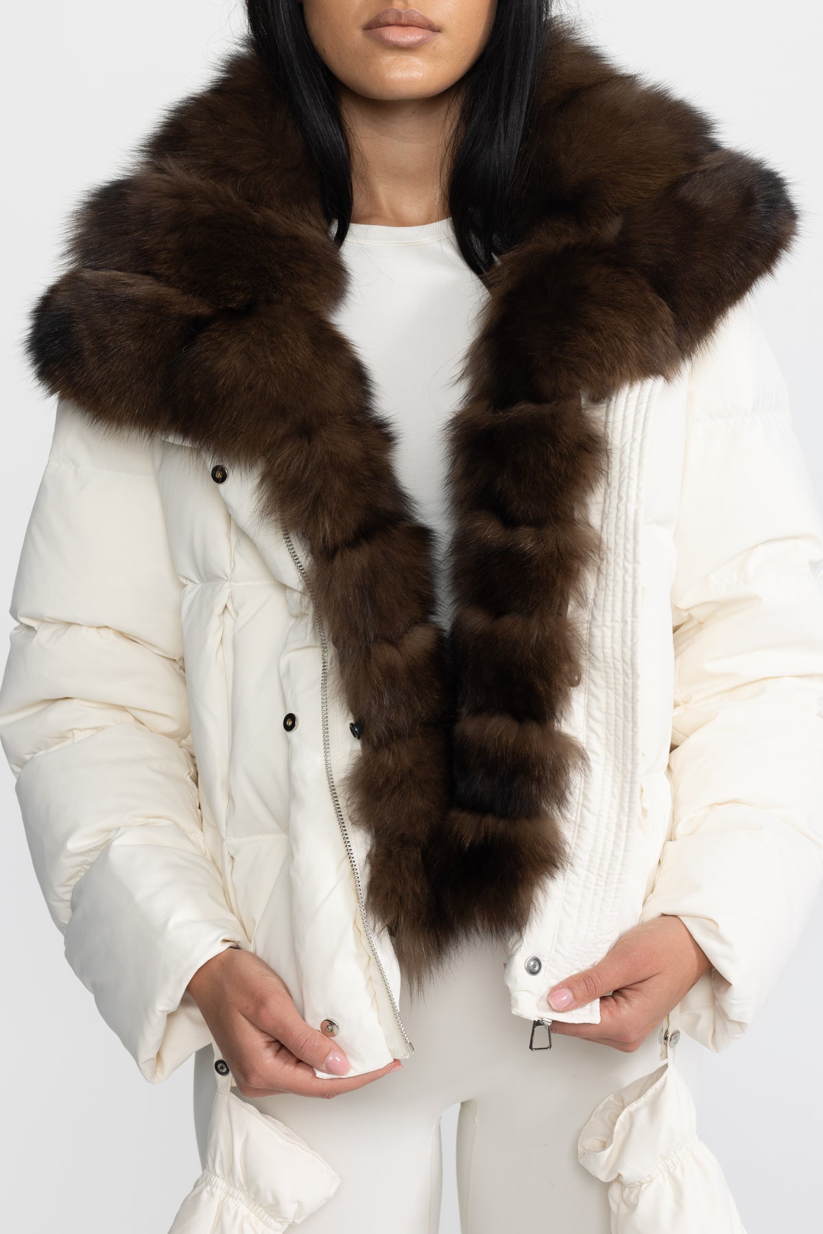 Fox Fur Collar Cropped Down Puffer Jacket - Ivoire