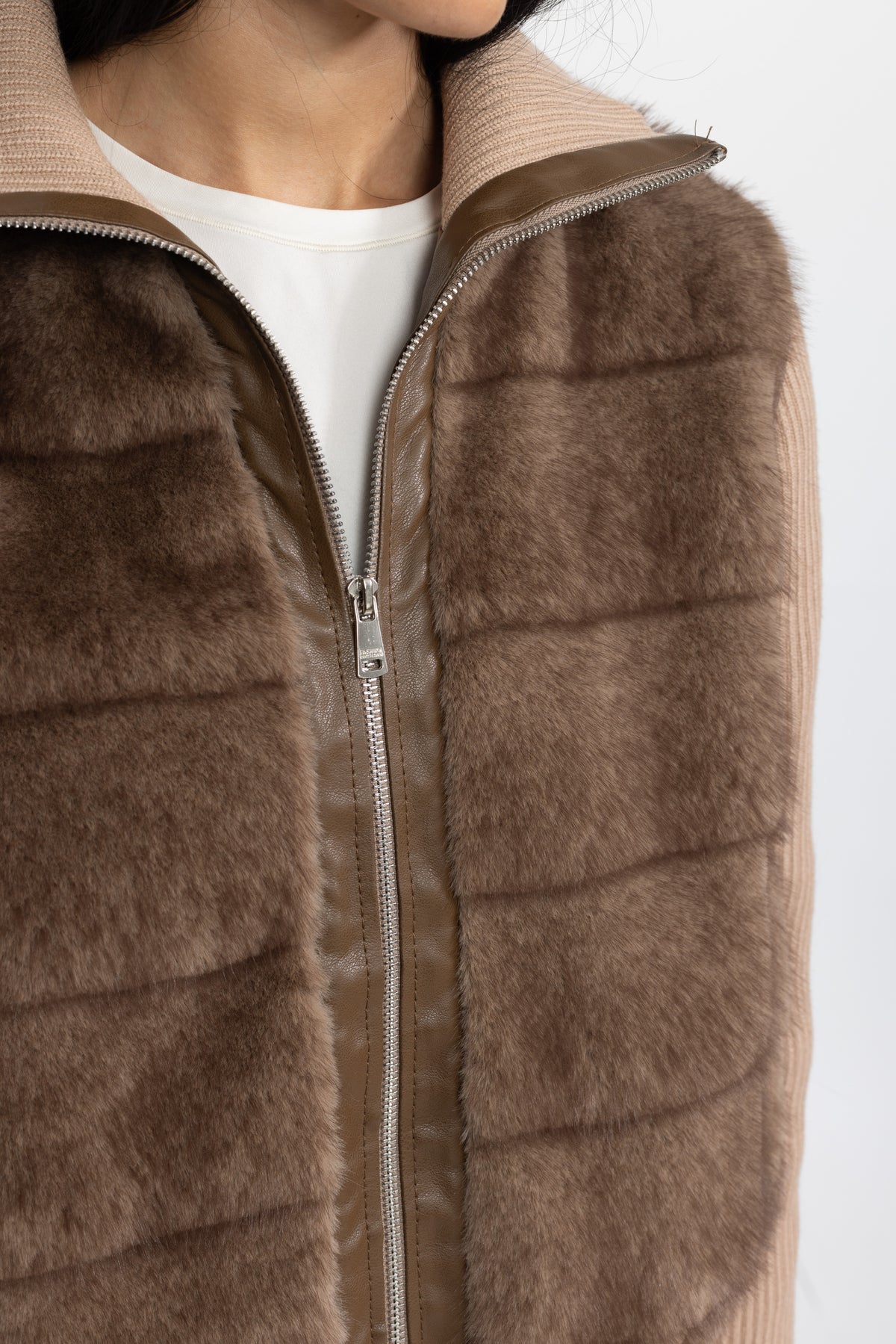 Plush Panel Knit Sleeve Zip Jacket - Mocha