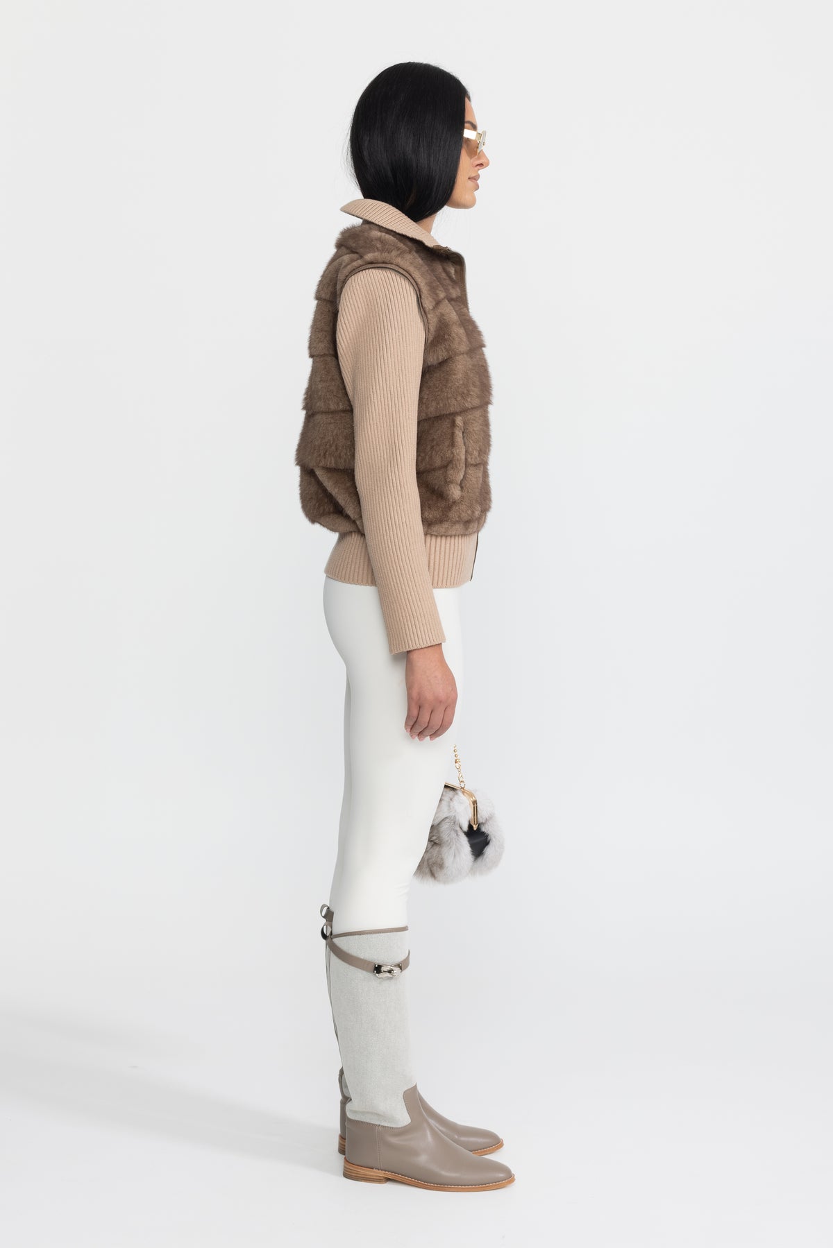 Plush Panel Knit Sleeve Zip Jacket - Mocha