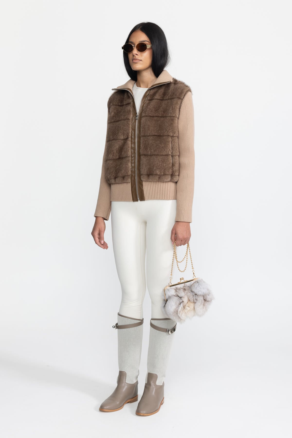 Plush Panel Knit Sleeve Zip Jacket - Mocha