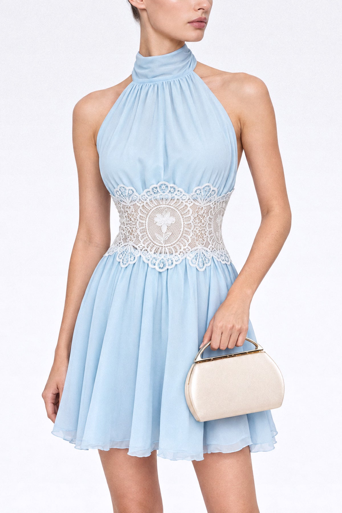 Chiffon Halter Mini Dress with Lace Waist - Sky Blue
