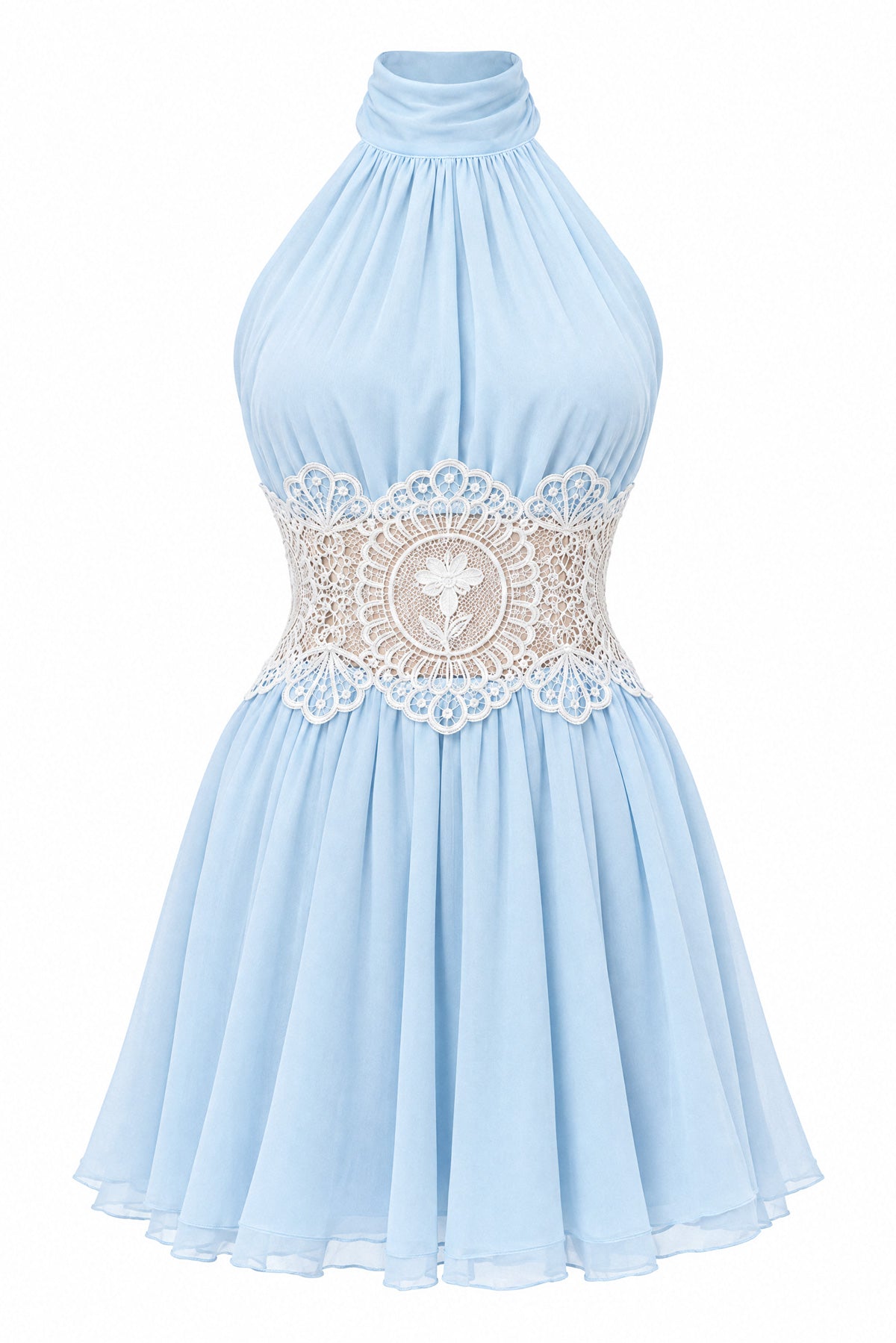 Chiffon Halter Mini Dress with Lace Waist - Sky Blue