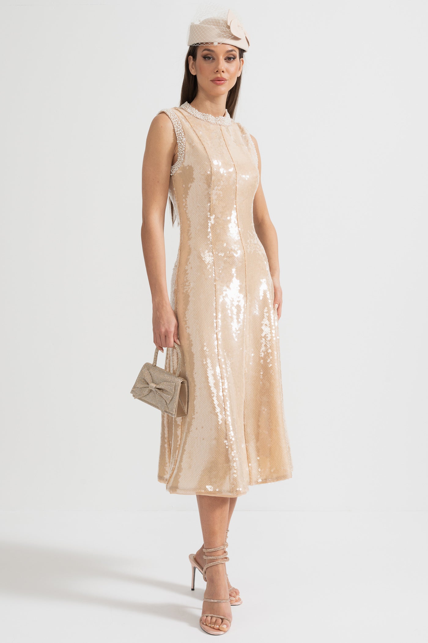 Elegant Sequin Dress With White Pearl Embellishments - Beige
