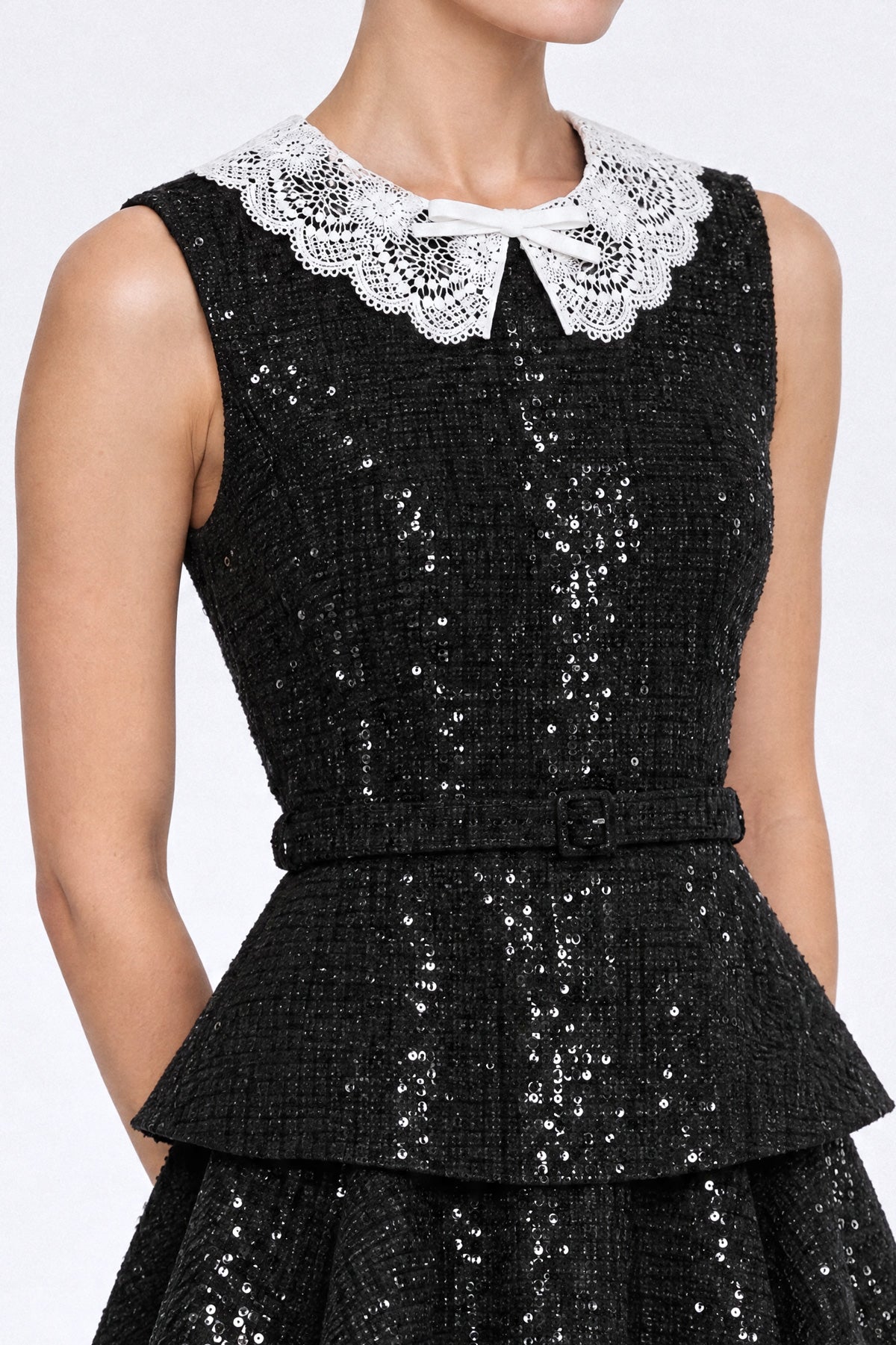 Sequin Tweed Peplum Mini Dress - Black