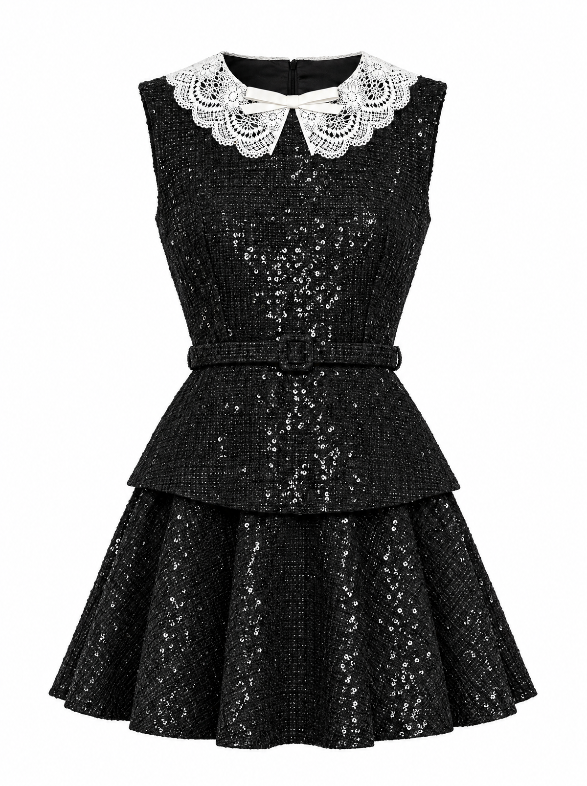 Sequin Tweed Peplum Mini Dress - Black