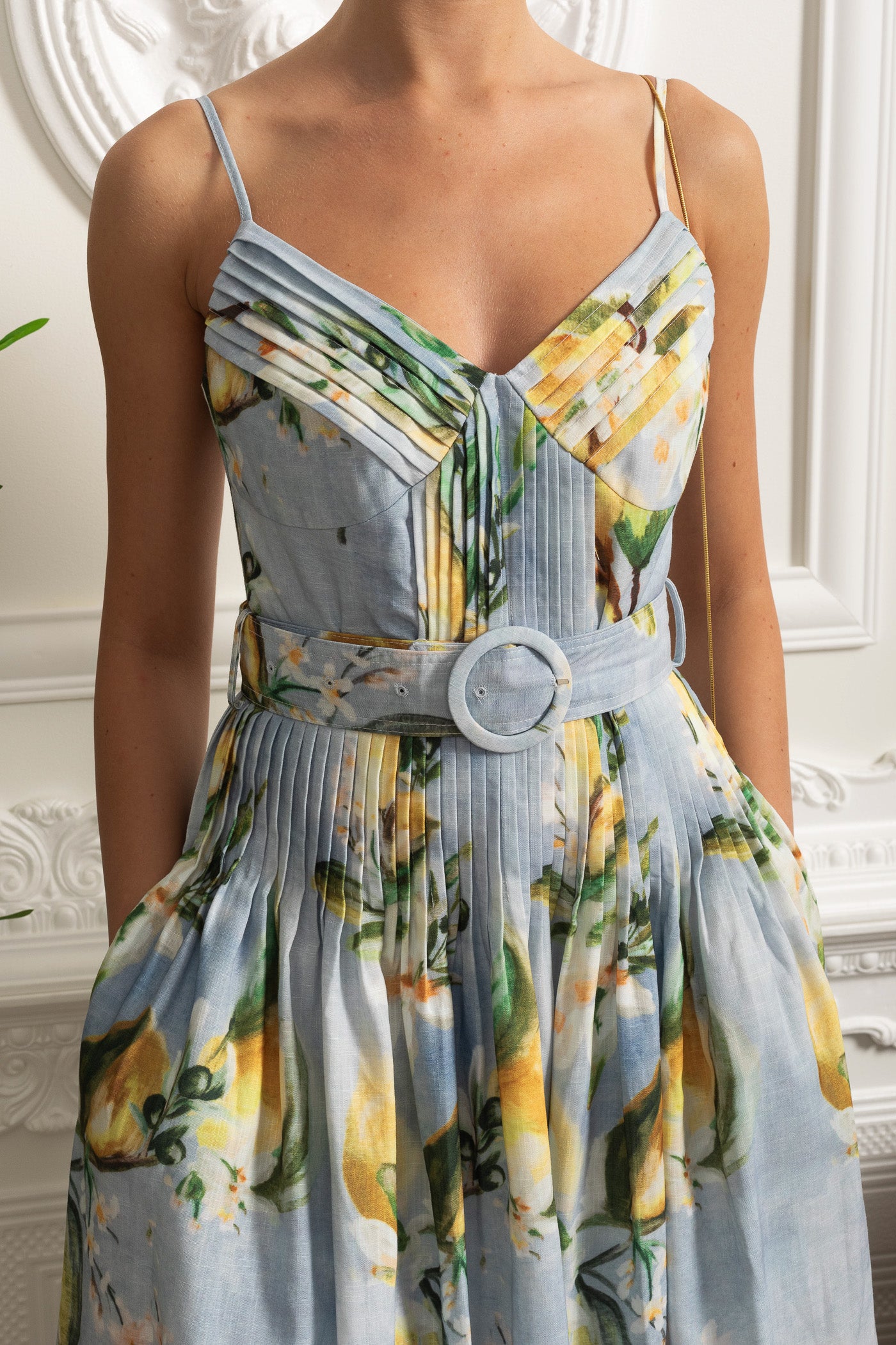 Pleated Bust Belted Midi Dress with Spaghetti Straps - Sky Blue