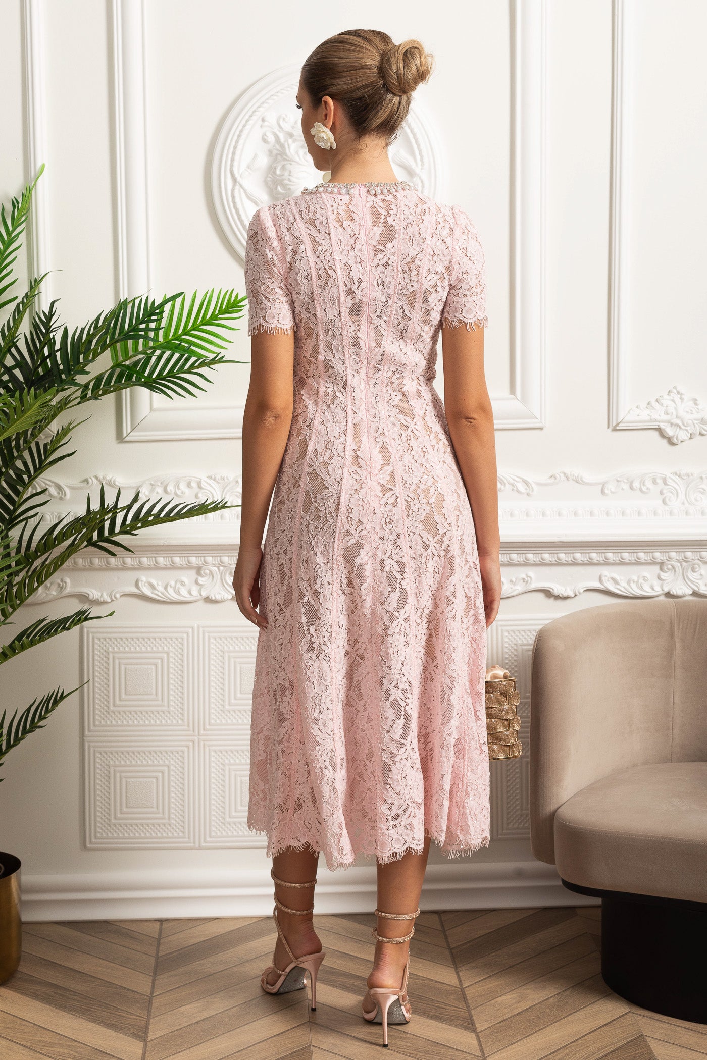 Lace Midi Dress with Crystal Embellished Collar - Pink