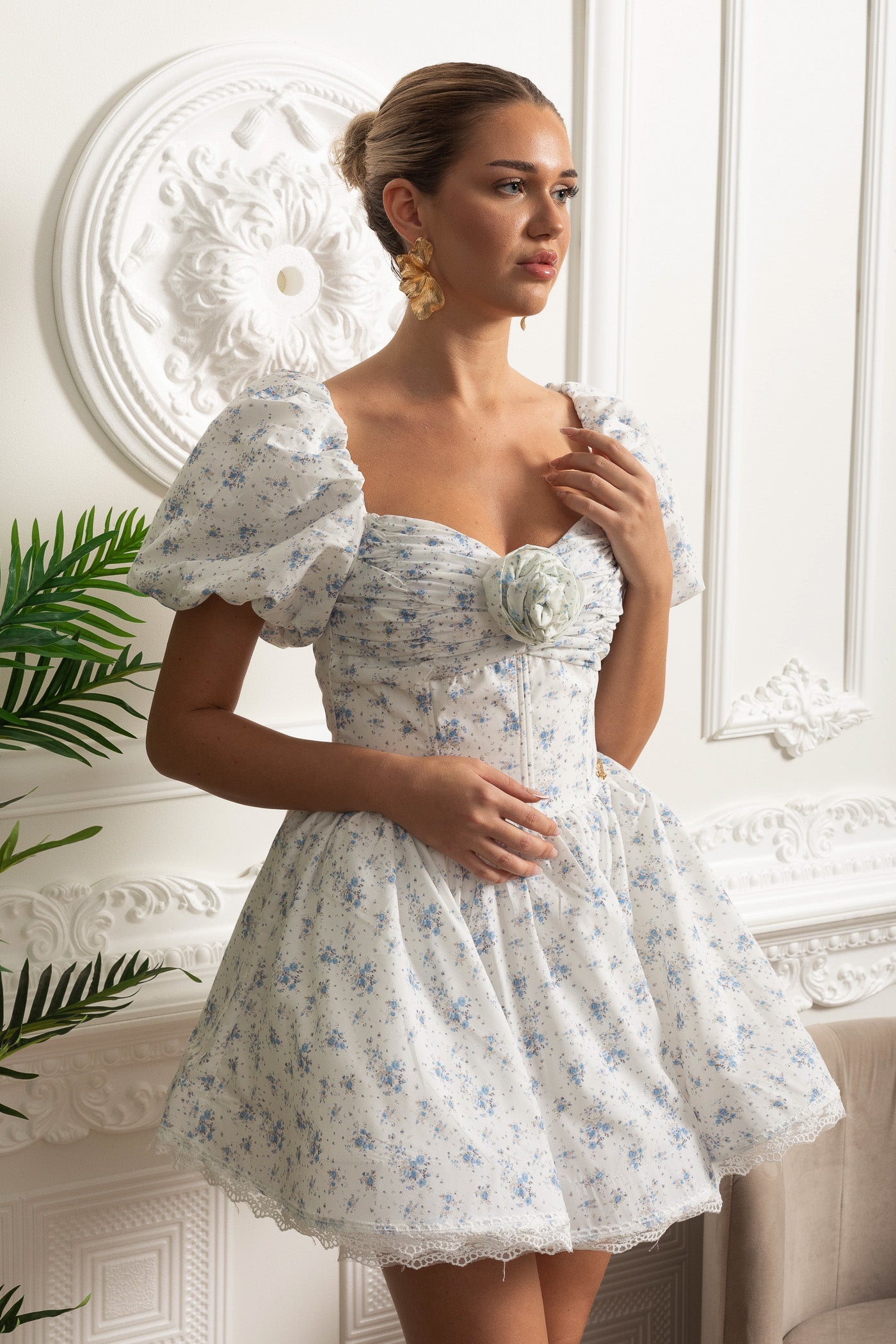 Floral Mini Dress With Puff Sleeves And 3D Rose Detail - White/Blue