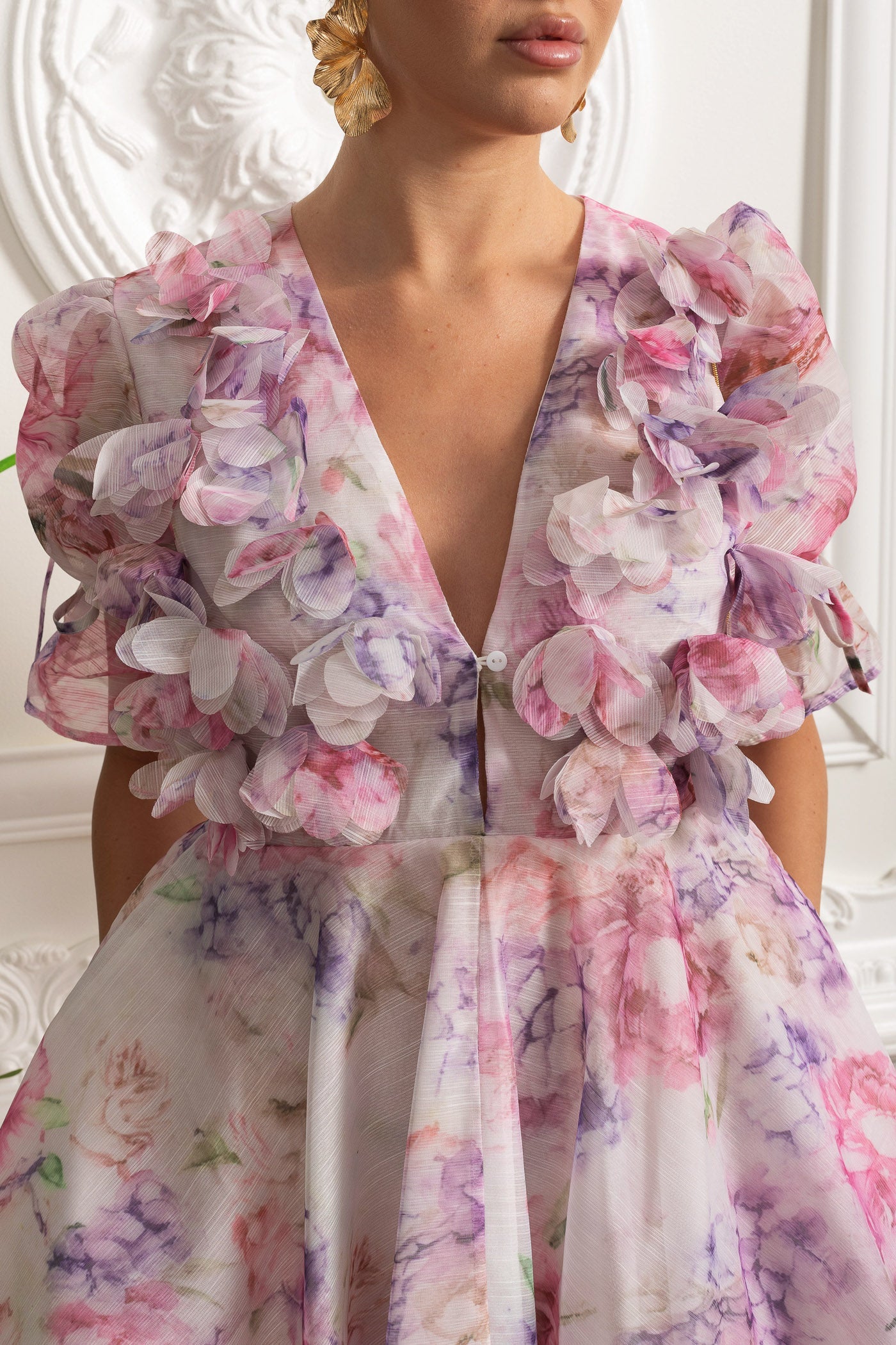 3D Blumen-Applikation Mini-Kleid mit Puffärmeln - Pink