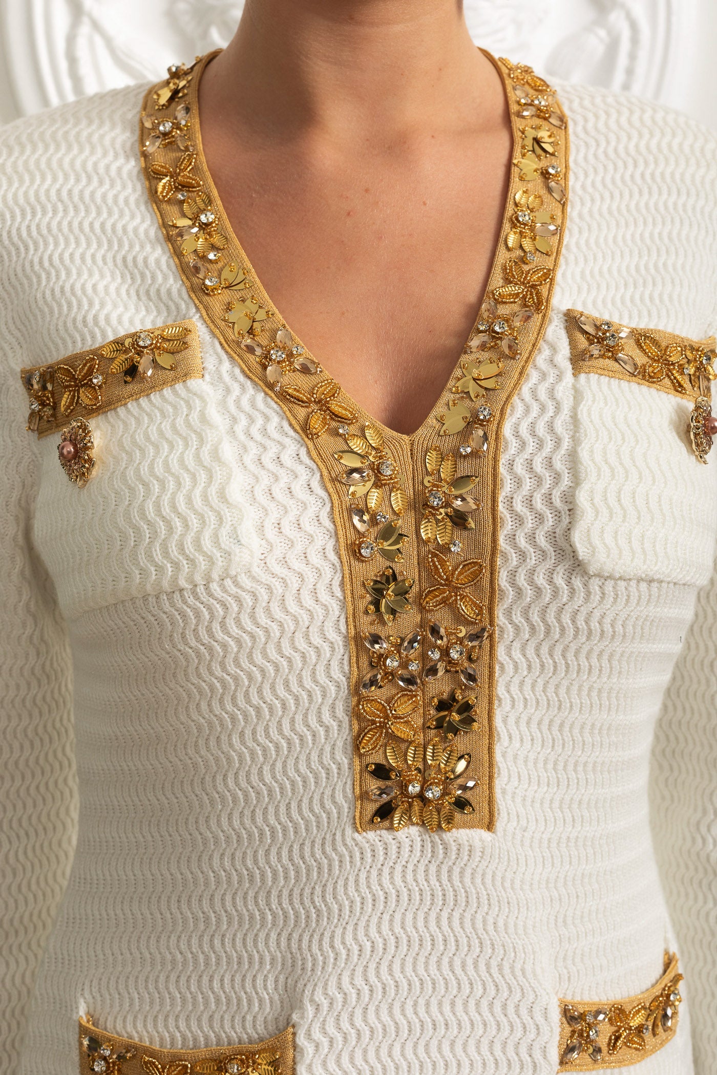 Textured Mini Dress With Long Sleeves And Gold Detailing - White