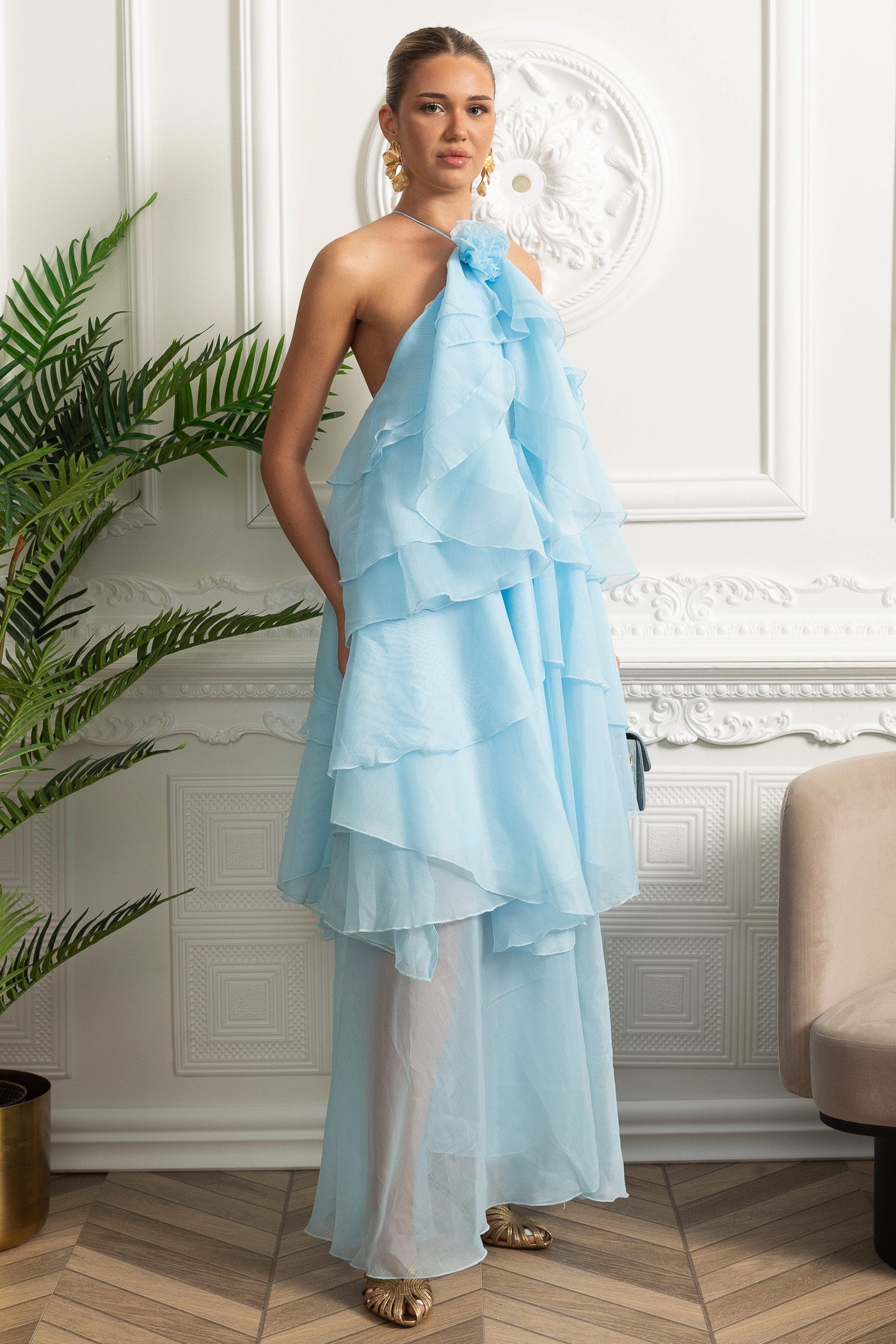 Maxikleid mit Neckholder und gestuften Volants - Sky Blue