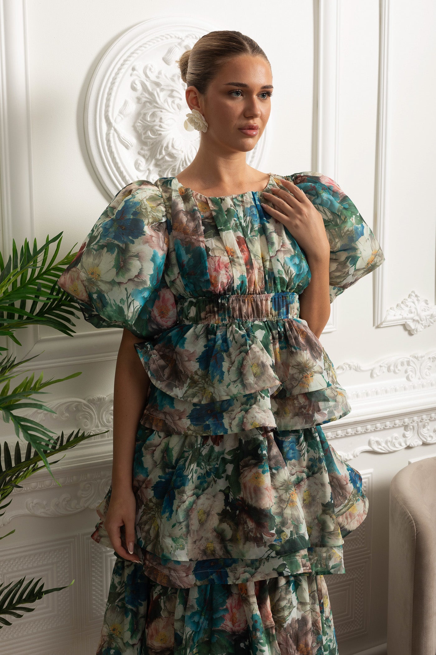 Puff Sleeve Tiered Ruffle Midi Dress - Green