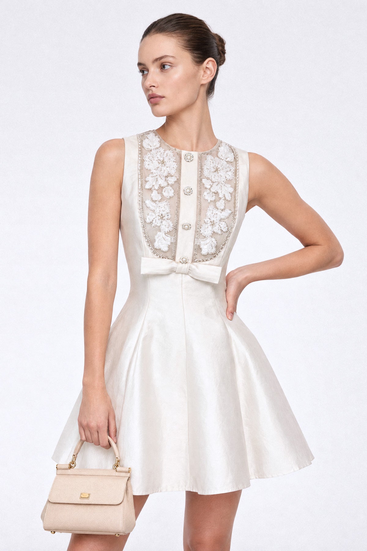 Embellished Bib Mikado Mini Dress - Ivoire