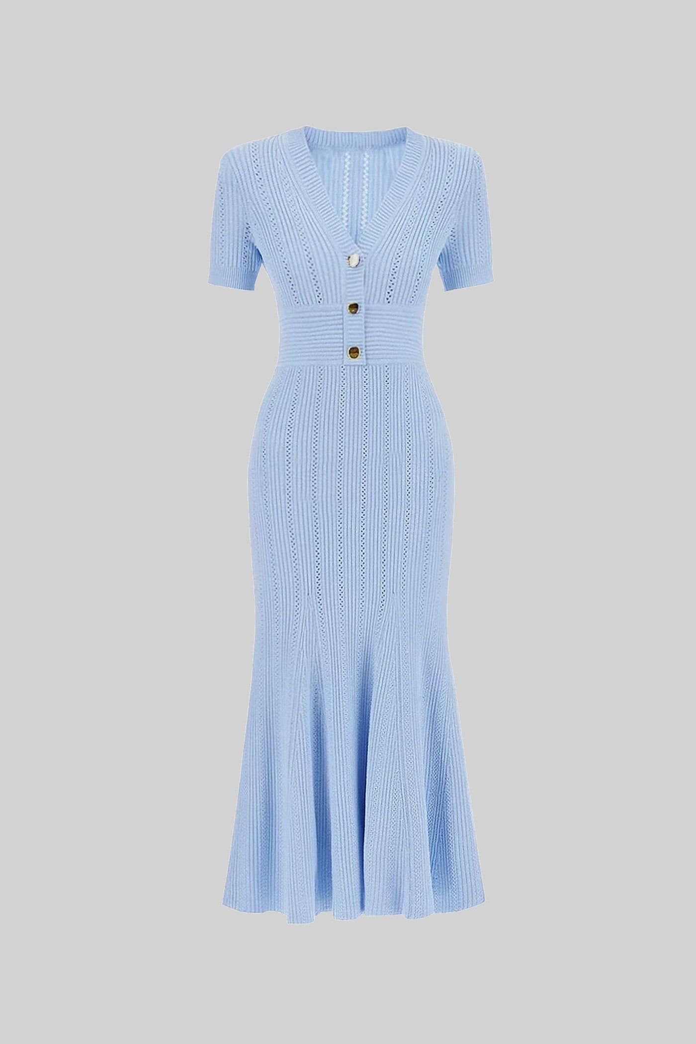 Geripptes Midi-Kleid mit kurzen Ärmeln und V-Ausschnitt mit goldenen Knöpfen - Blau