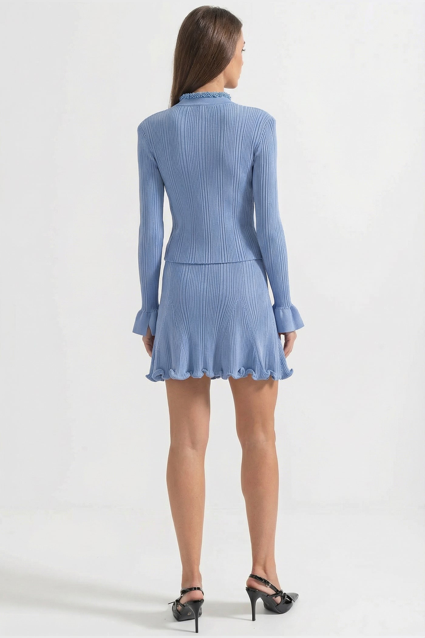 Geripptes Langarm-Set mit Perlenverzierungen – Blau