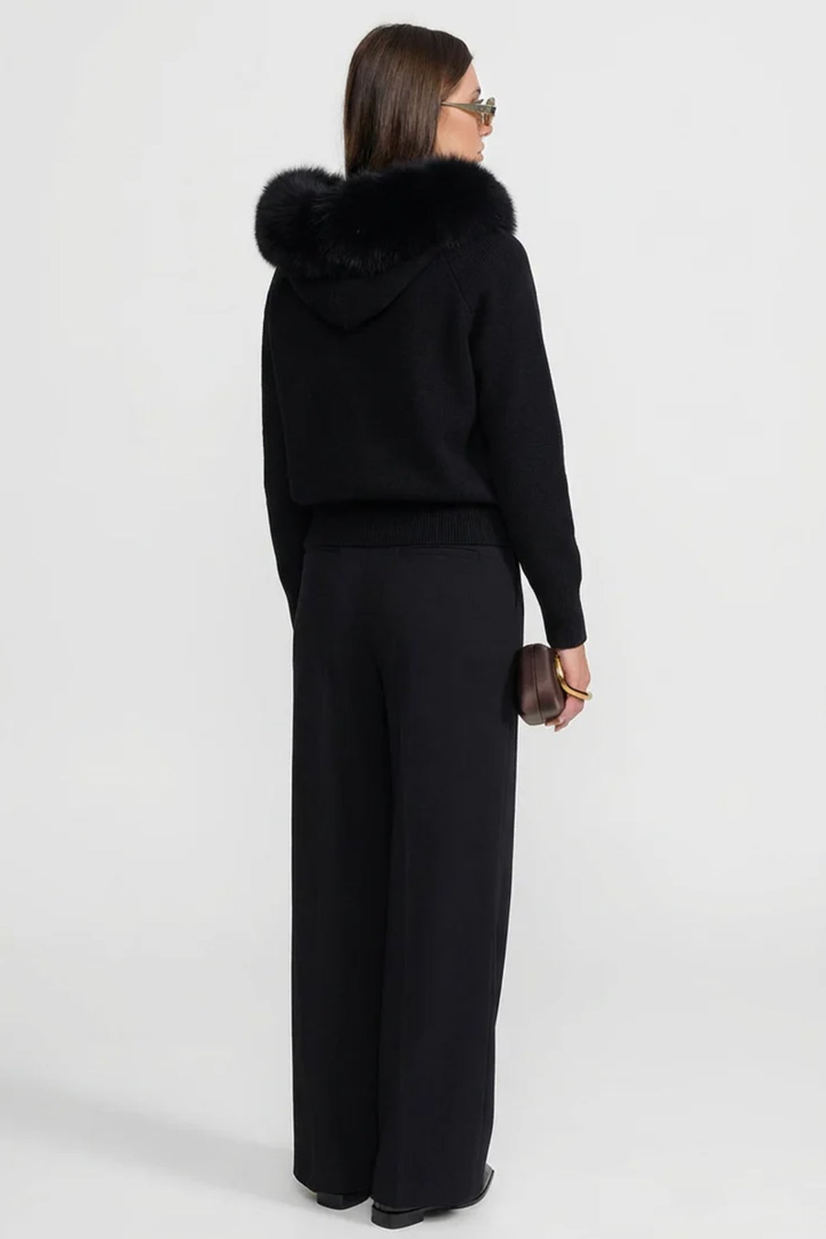 Kapuzensweatshirt aus Wolle mit Fuchspelzkragen – Schwarz