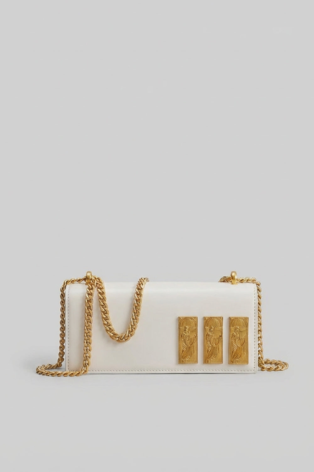 Structured Chain Shoulder Bag With Gold Embossed Plaques - White