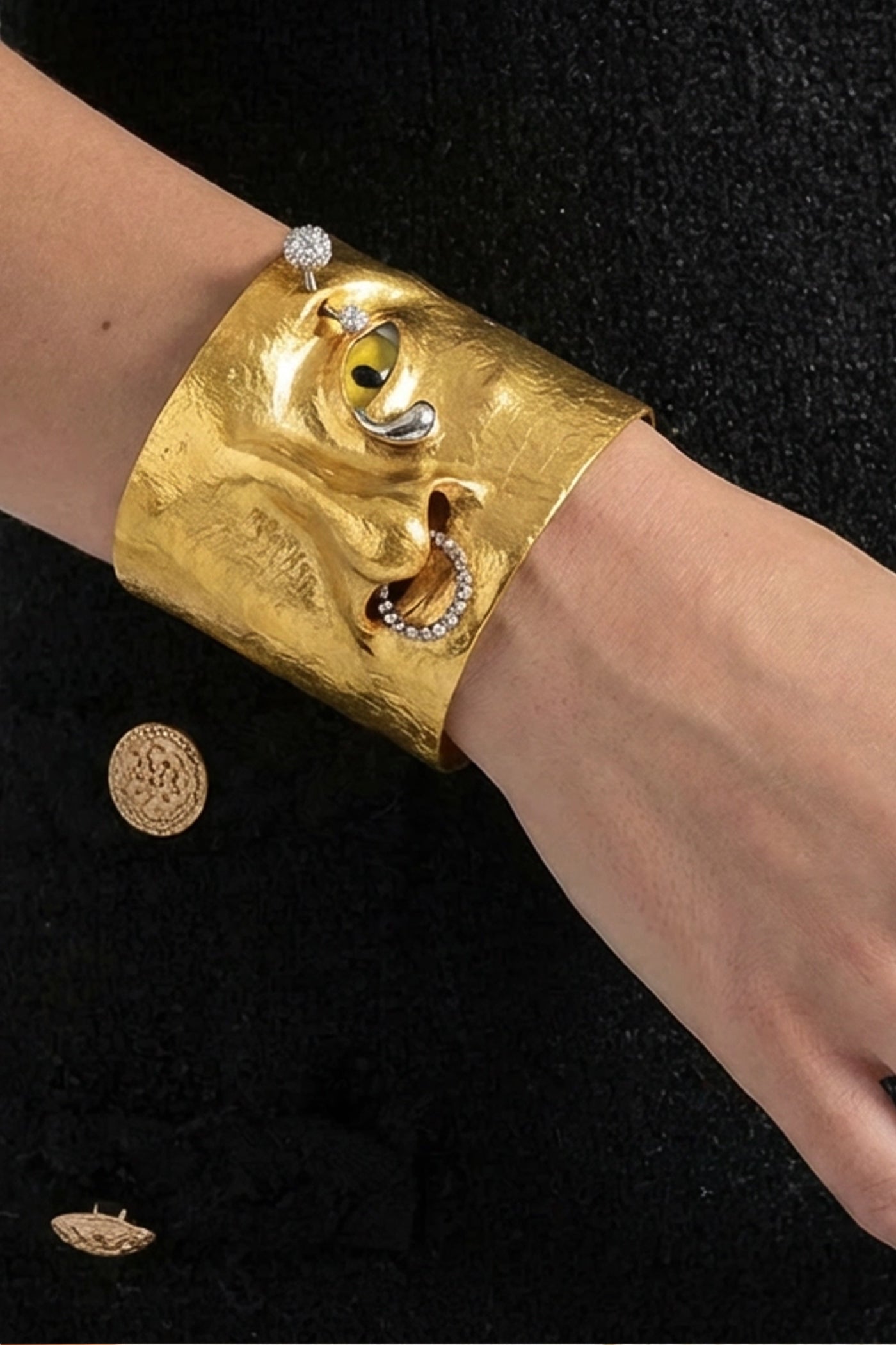 Hammered Cuff Bracelet with Crystal Accents – Gold