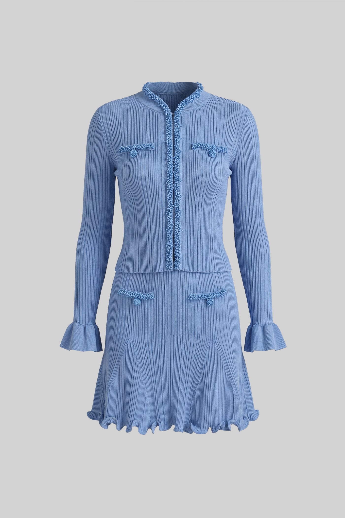 Geripptes Langarm-Set mit Perlenverzierungen – Blau