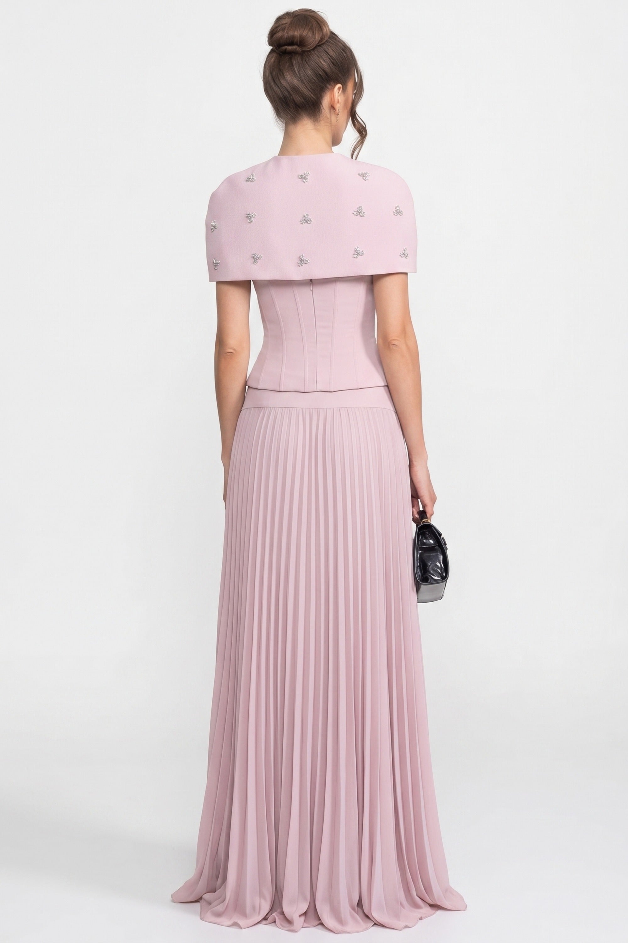 3-teiliges Co-Ord-Set mit gerafftem Top, abnehmbarem Cape und Maxi-Rock - Pink