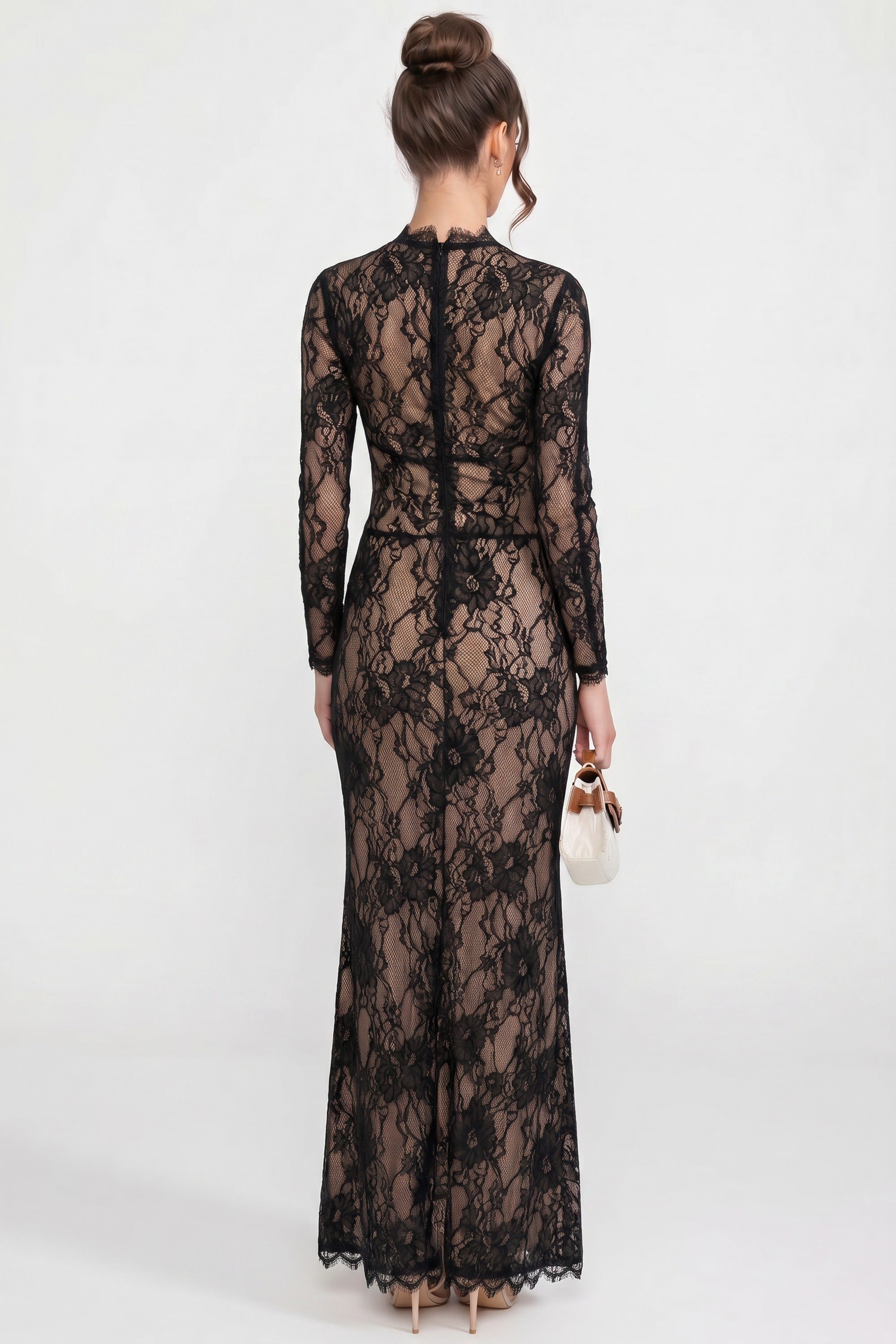 Elegantes Spitzenkleid mit hohem Kragen, Front-Ausschnitt und Schlitz - Schwarz