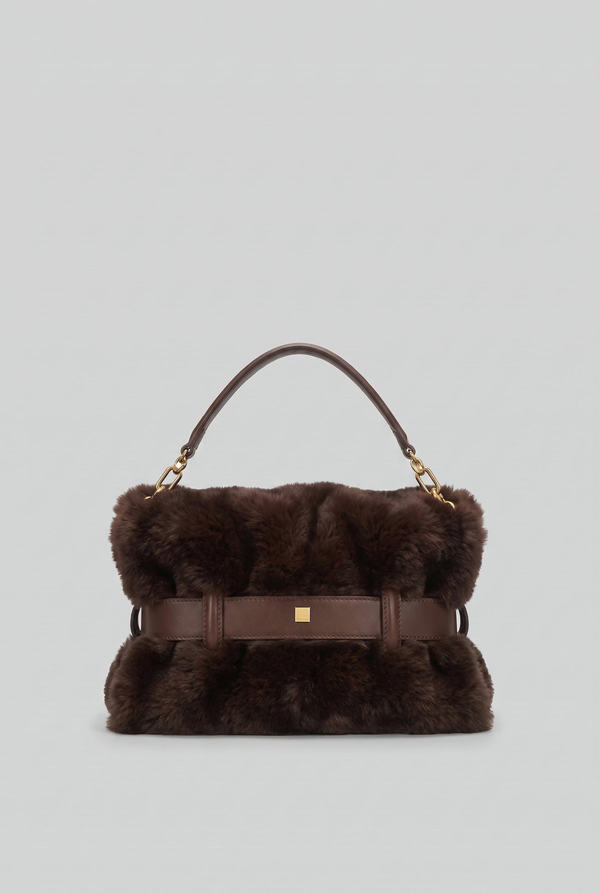 Faux Fur Handbag with Belt Buckle Detail – Brown
