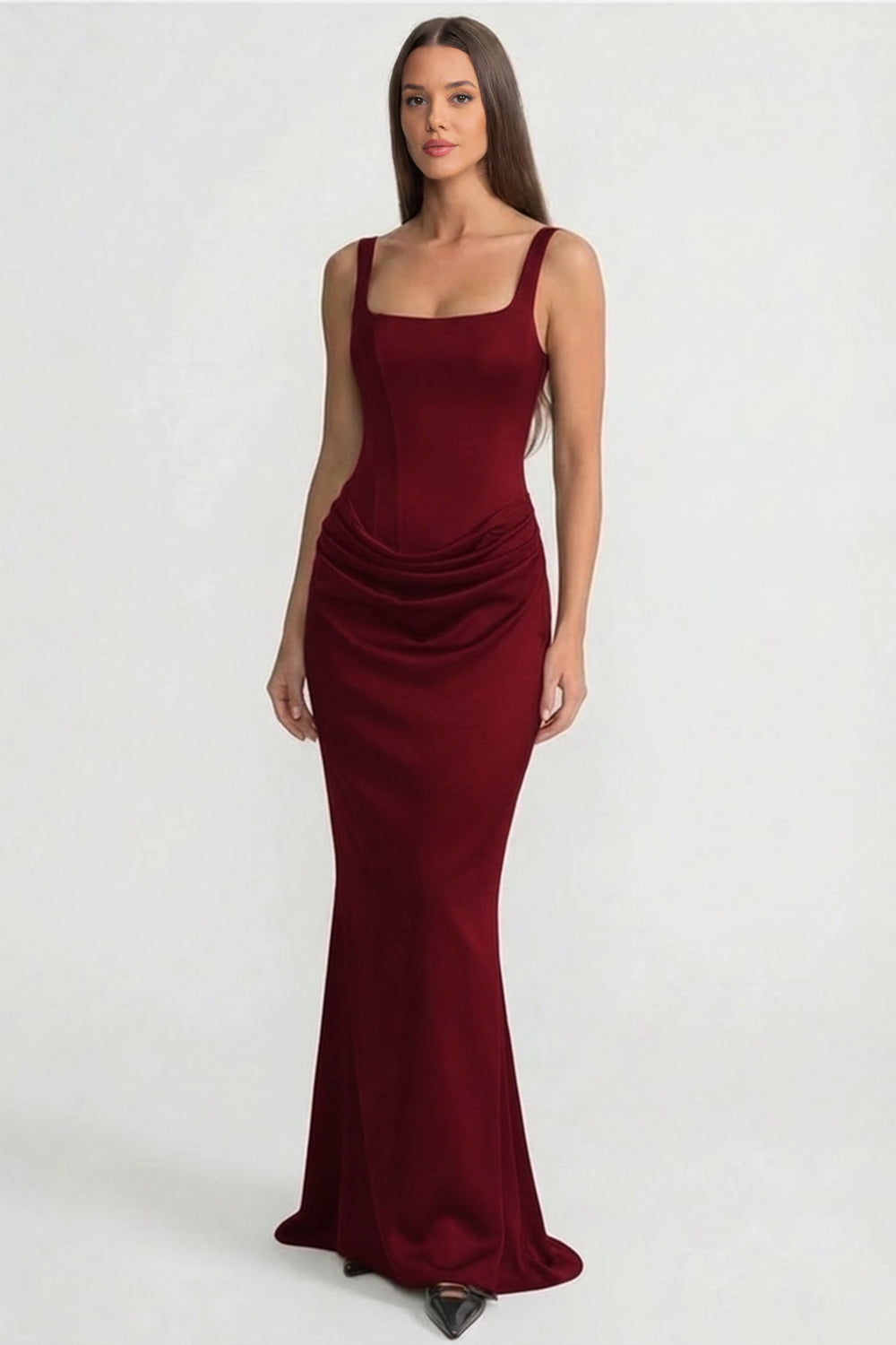 Corset Maxi Dress with Draped Hip Detail – Burgundy