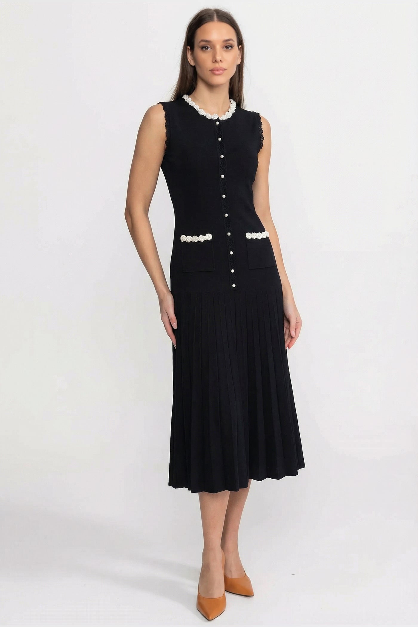 Ärmelloses Midikleid mit Perlenbesatz - Schwarz