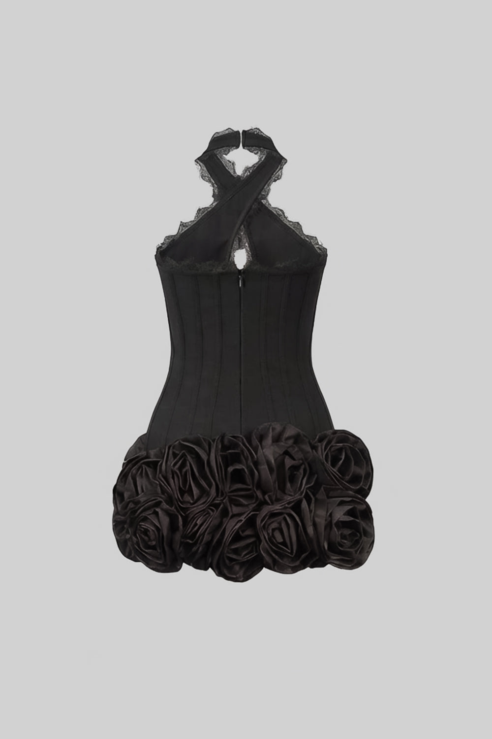 Halter-Corsagen-Minikleid mit 3D-Rosen-Saum – Schwarz