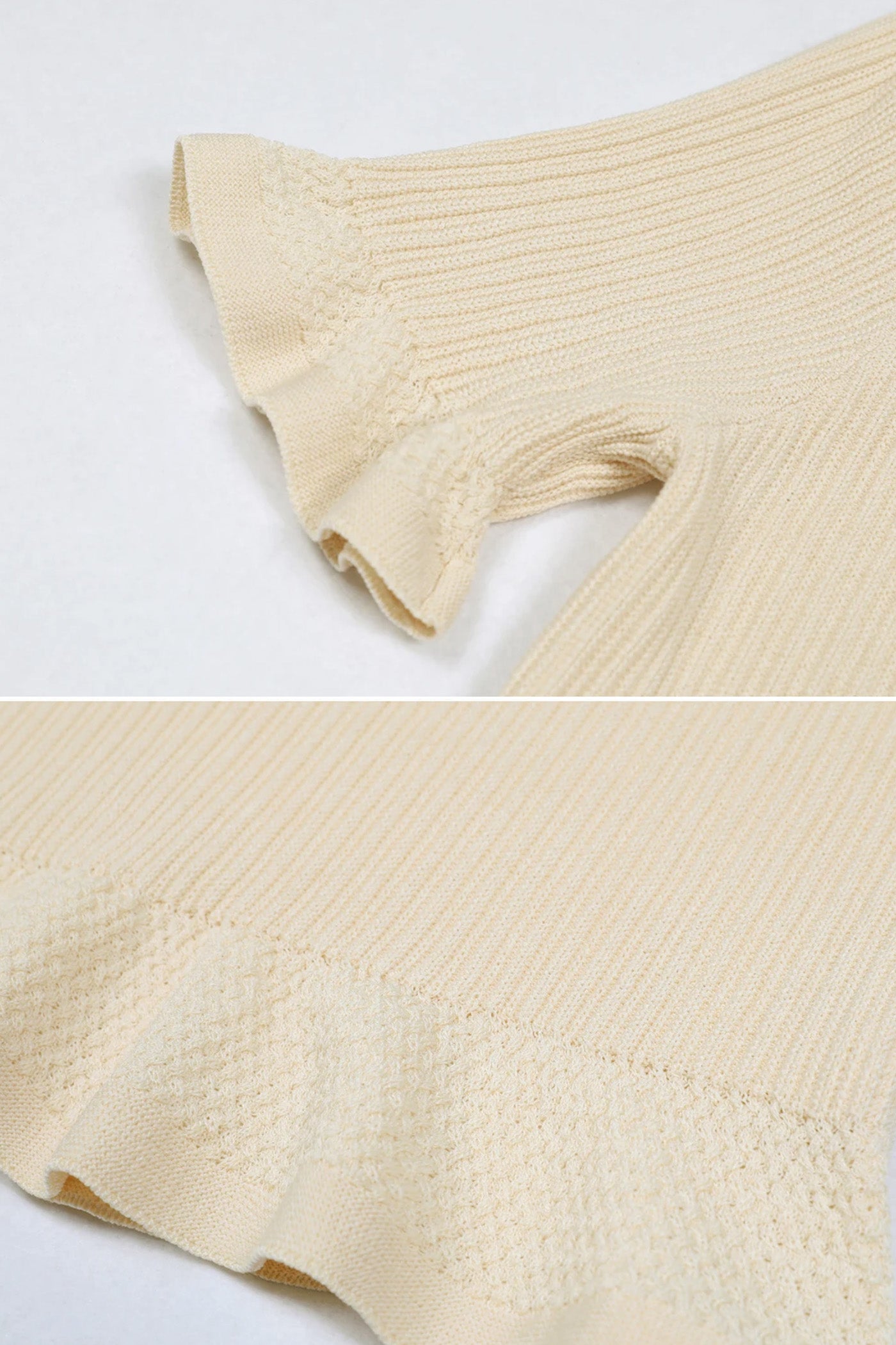 Ribbed Knit Polo Co-ord Set With Ruffled Hem - Beige